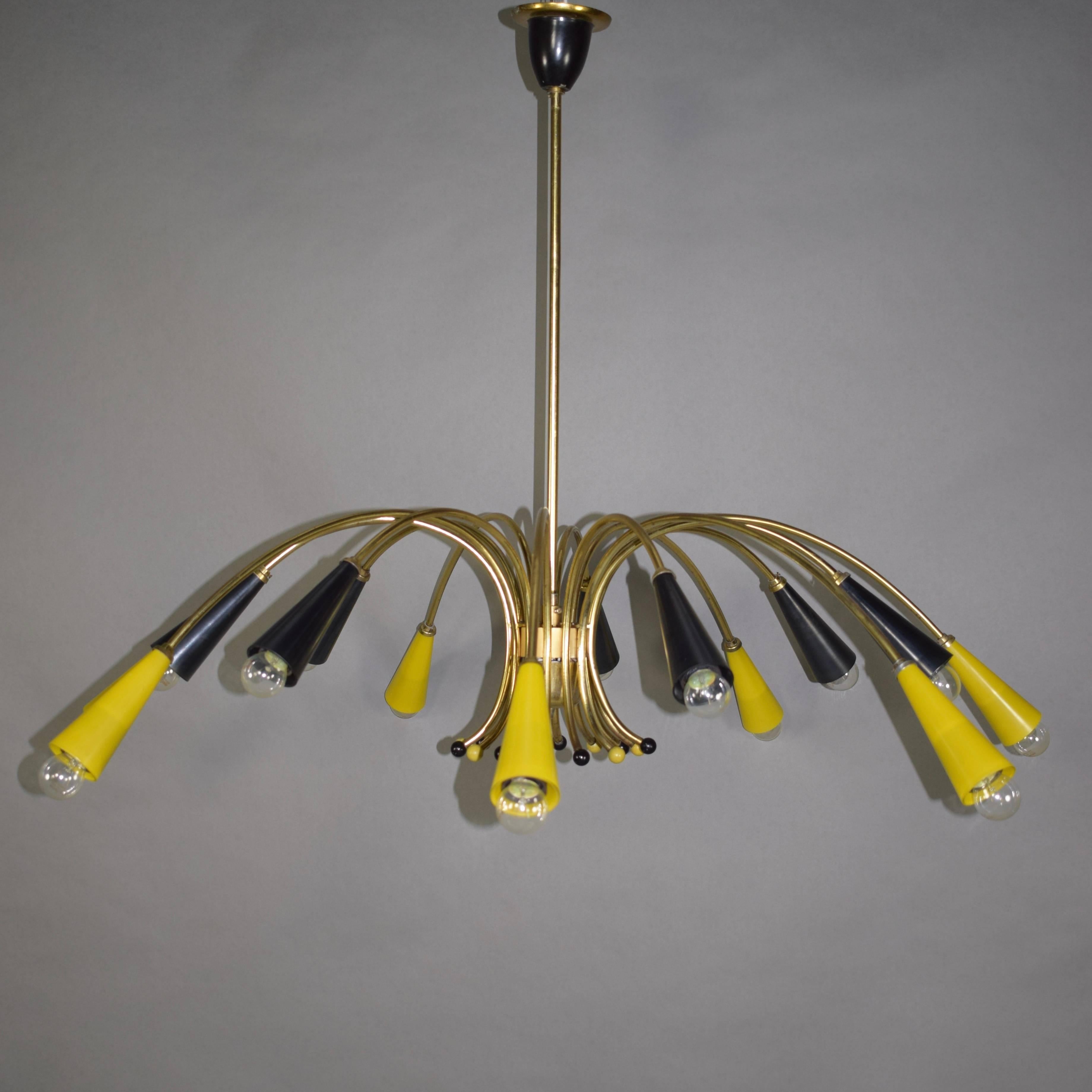Large Spider Chandelier in Brass and Colored Glass, 1950s 3