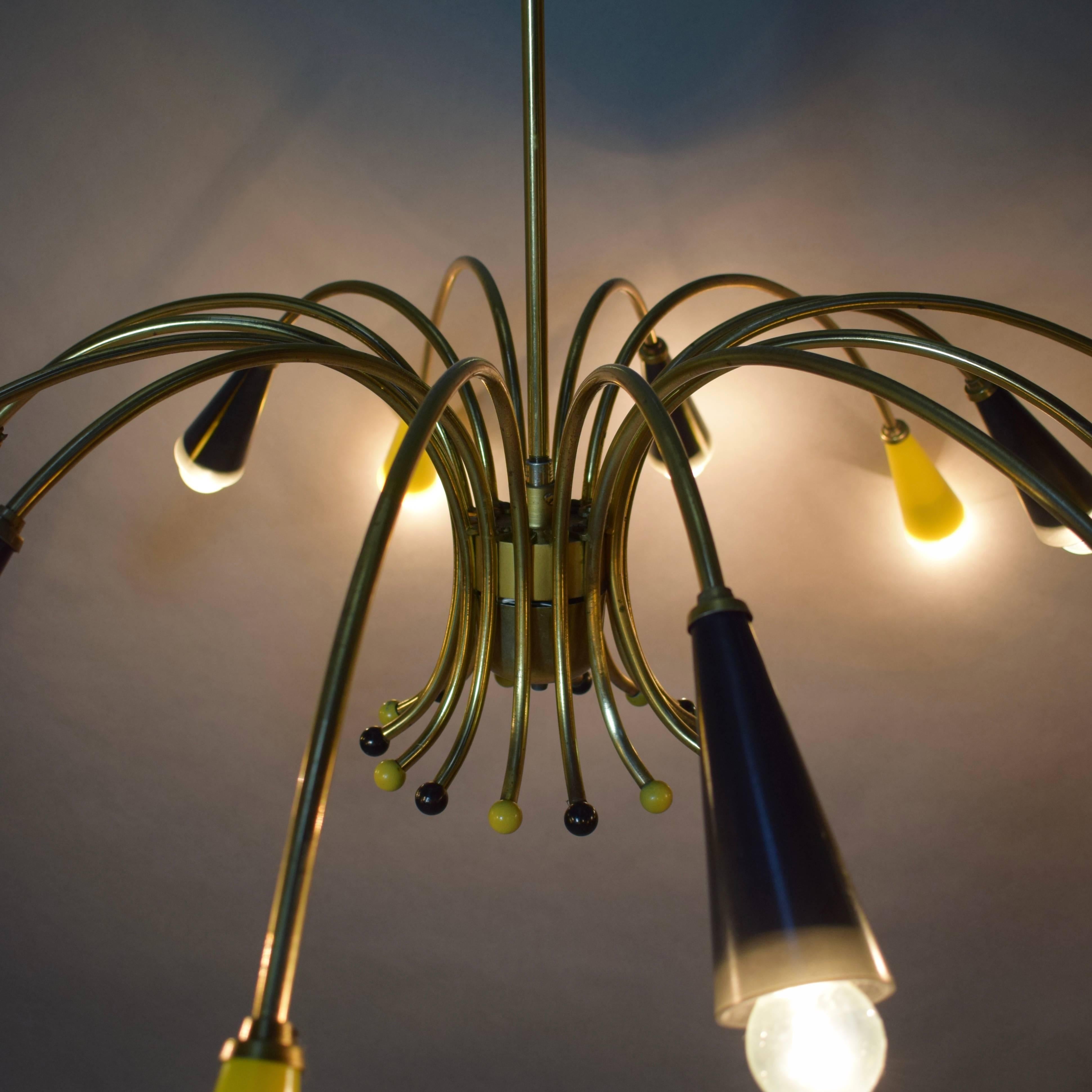 Large Spider Chandelier in Brass and Colored Glass, 1950s 2