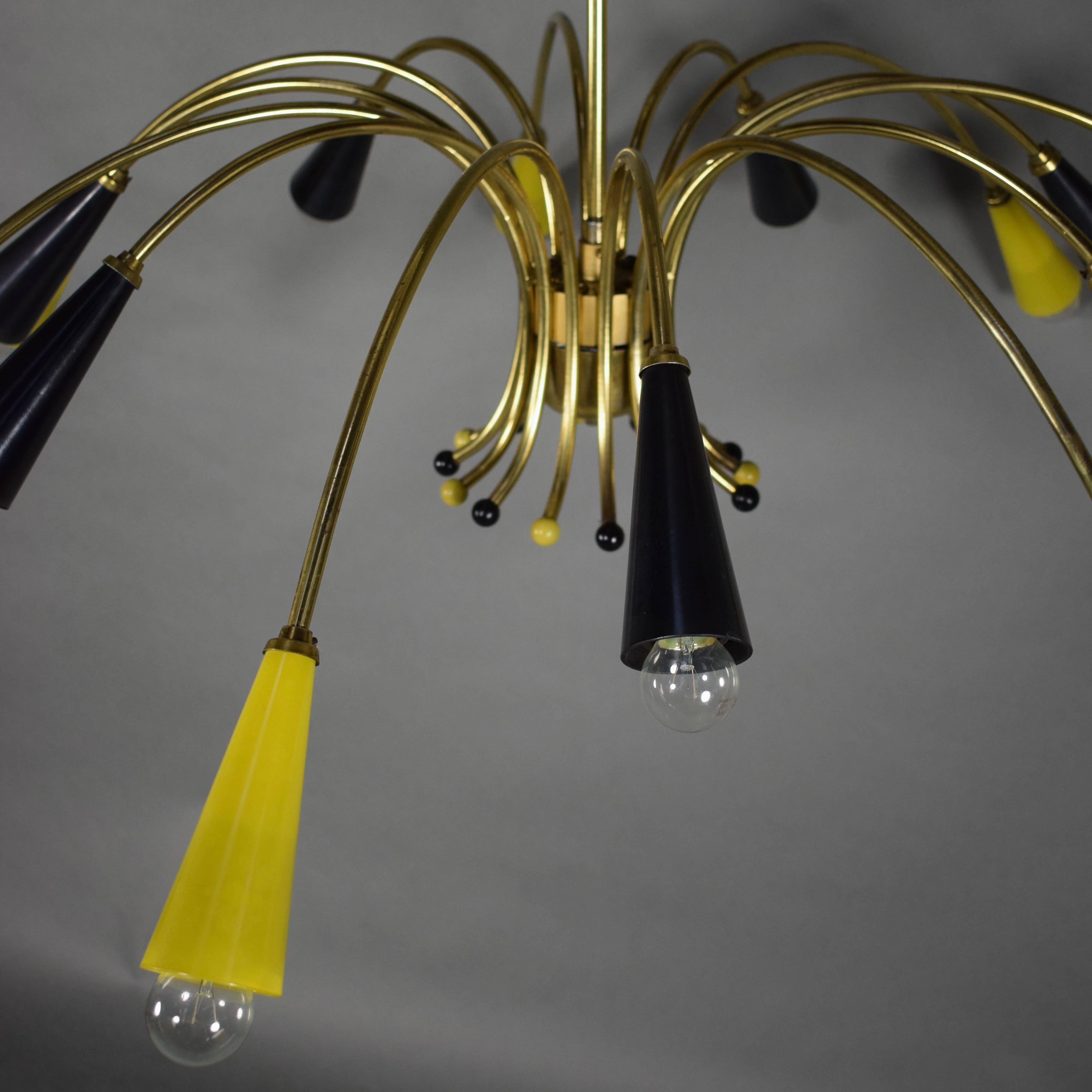 Mid-20th Century Large Spider Chandelier in Brass and Colored Glass, 1950s