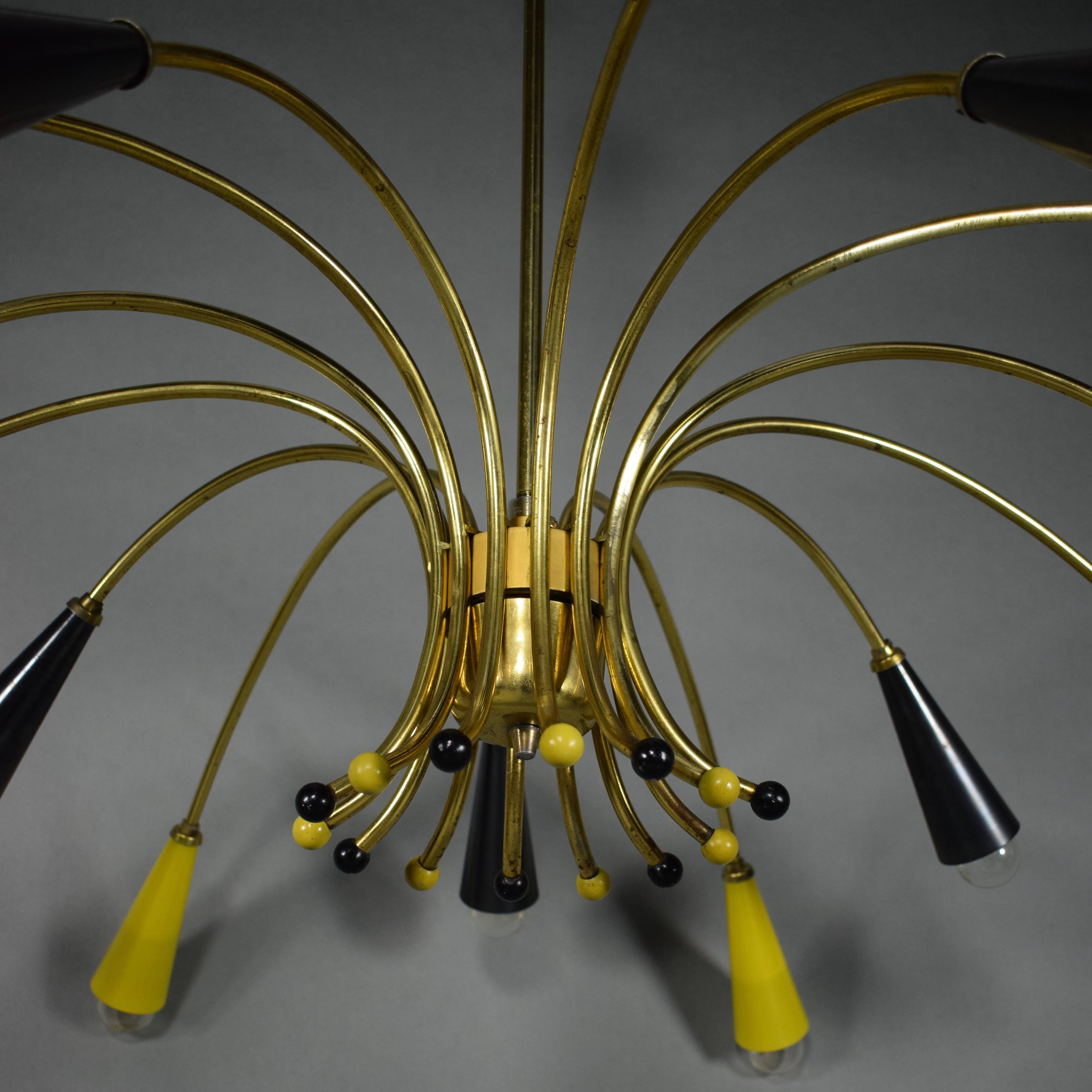 Large Spider Chandelier in Brass and Colored Glass, 1950s In Good Condition In Pijnacker, Zuid-Holland