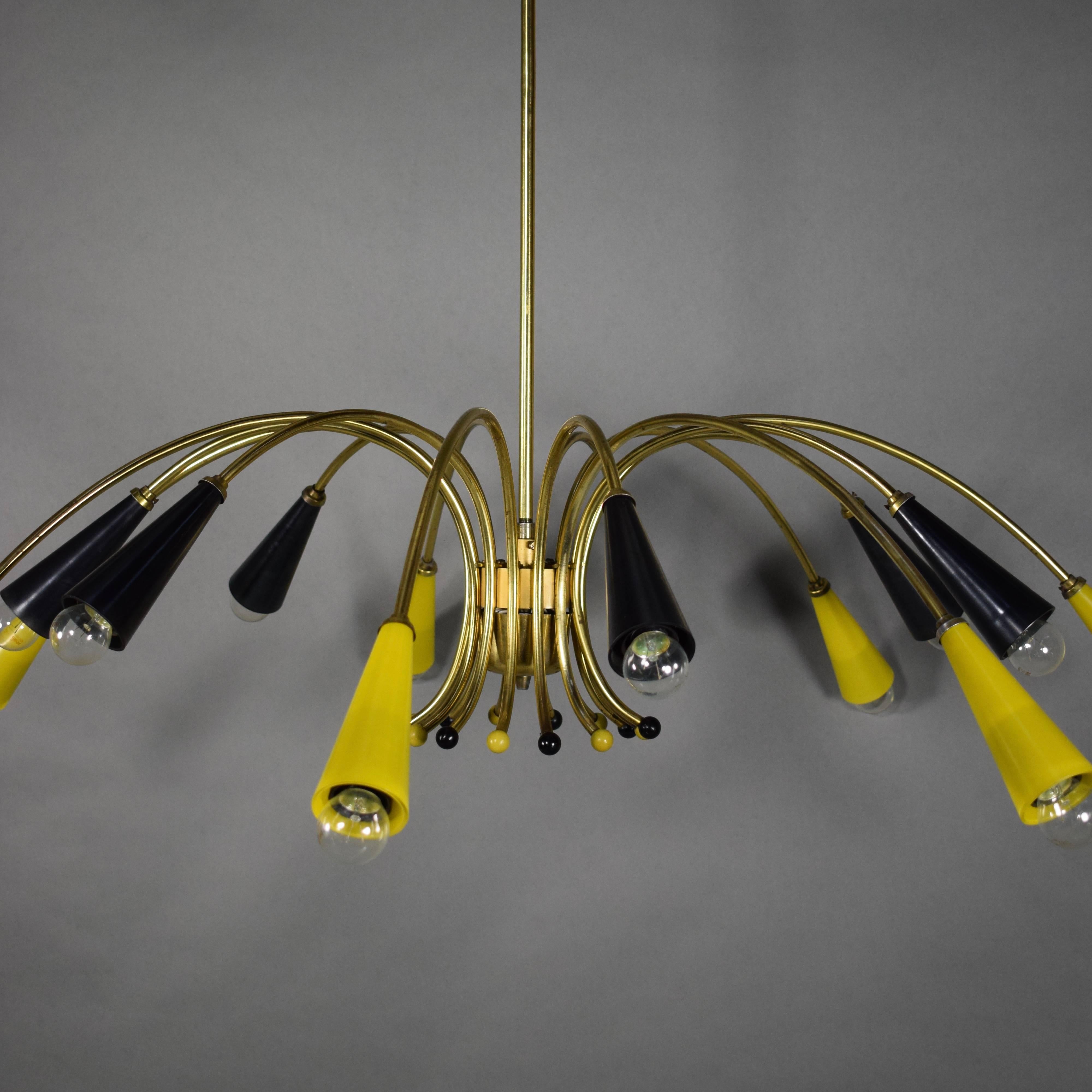 European Large Spider Chandelier in Brass and Colored Glass, 1950s