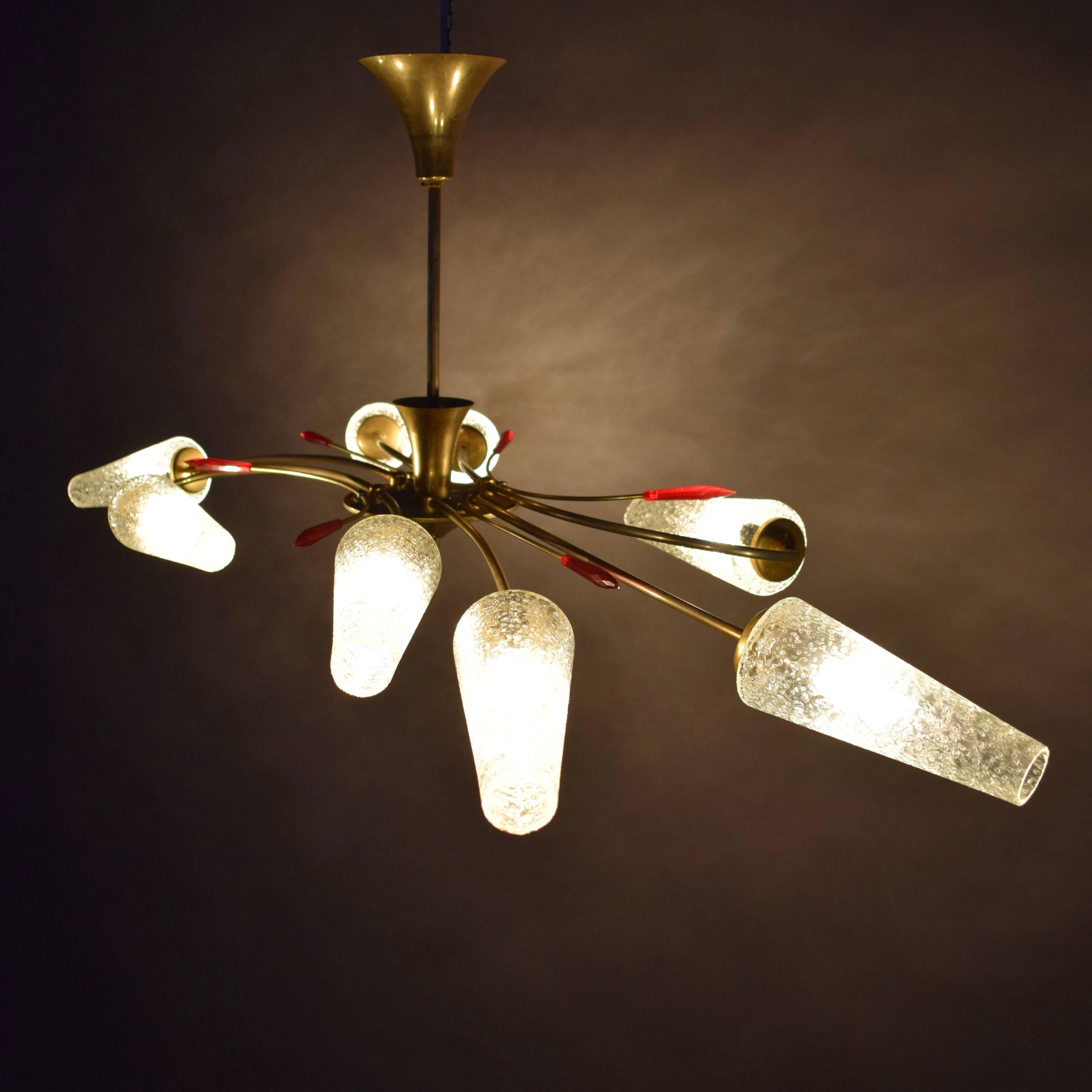 Mid-Century Modern Extraordinary Eight-Light Brass / Coned Glass Chandelier by Eon, 1950s