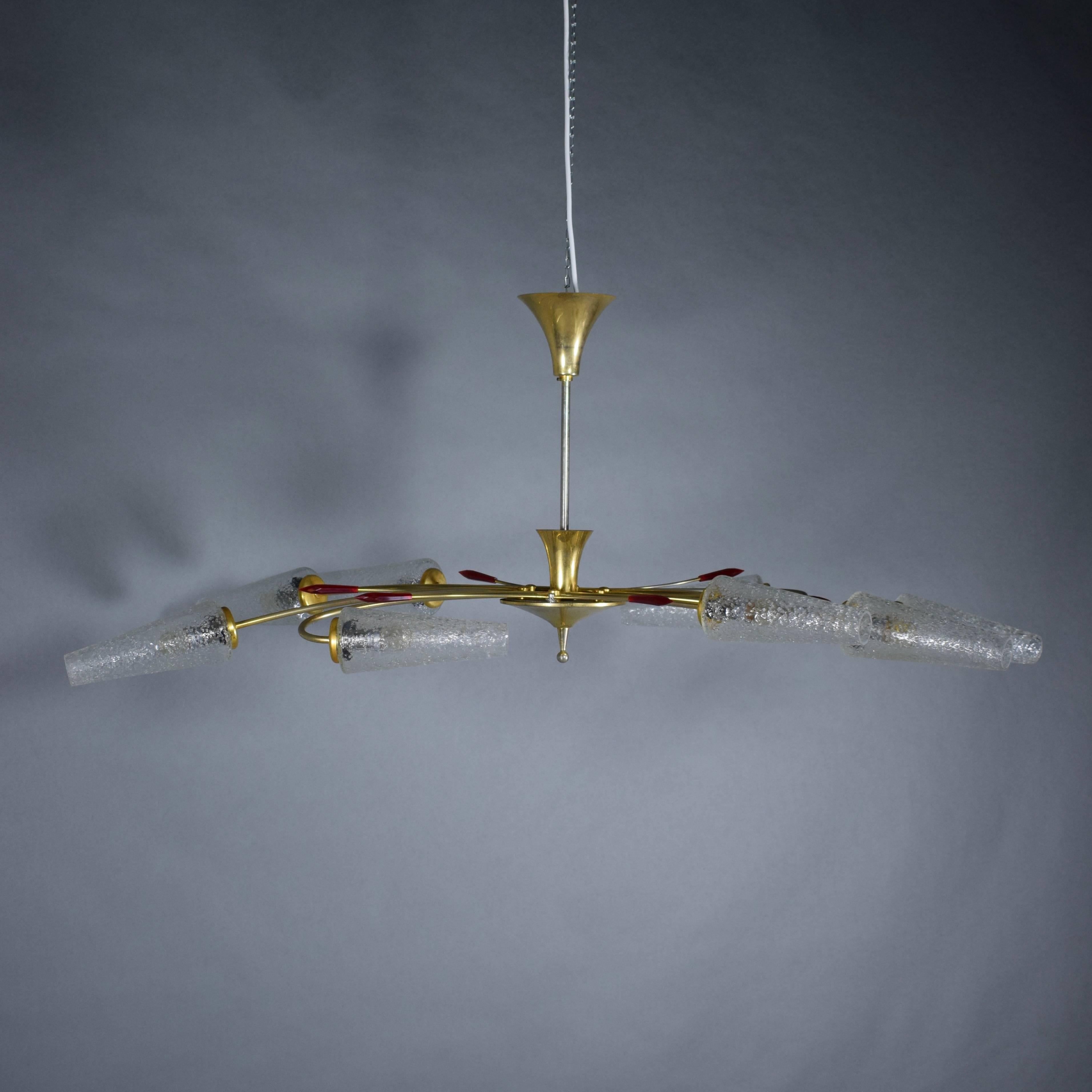 Extraordinary Eight-Light Brass / Coned Glass Chandelier by Eon, 1950s In Good Condition In Pijnacker, Zuid-Holland