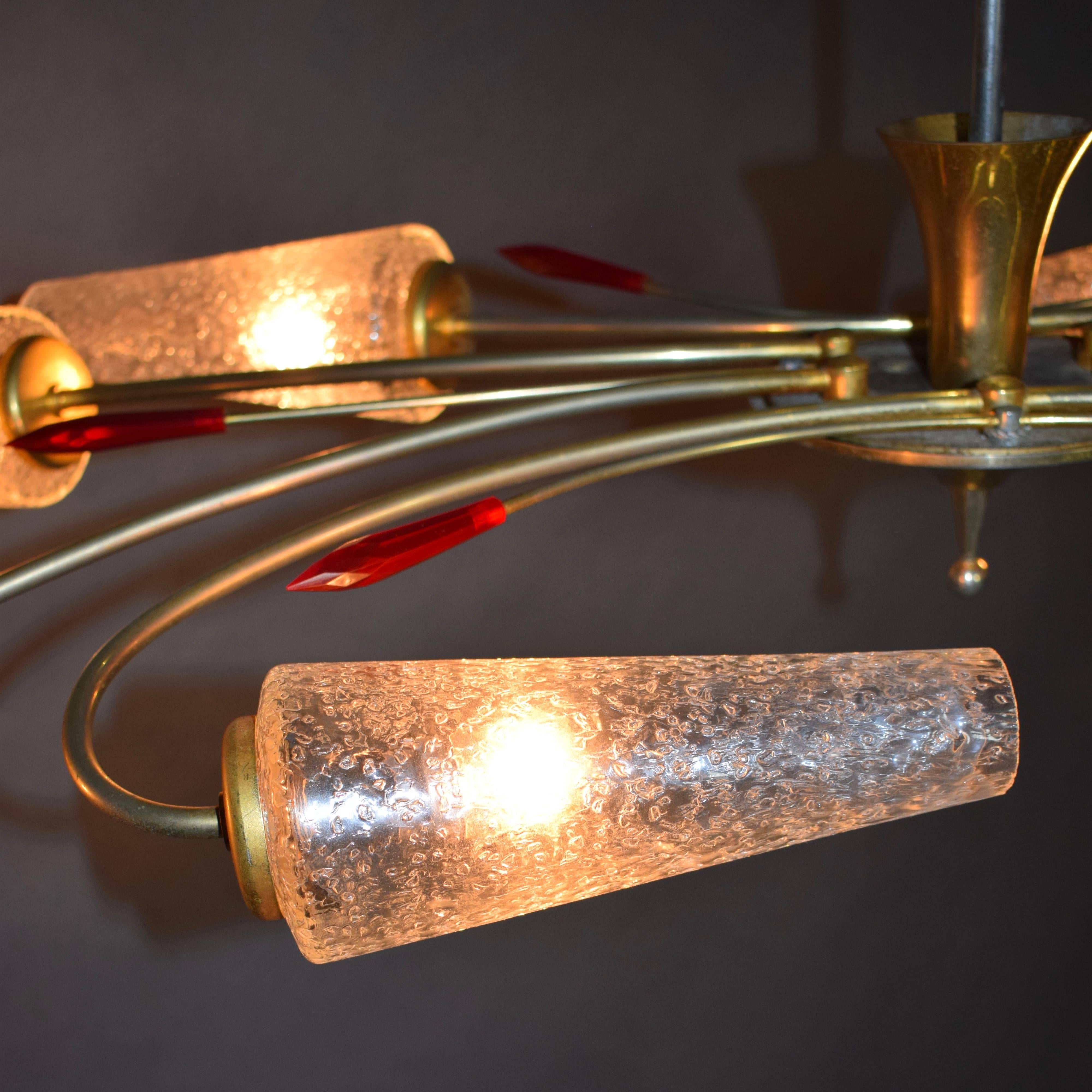 Mid-20th Century Extraordinary Eight-Light Brass / Coned Glass Chandelier by Eon, 1950s