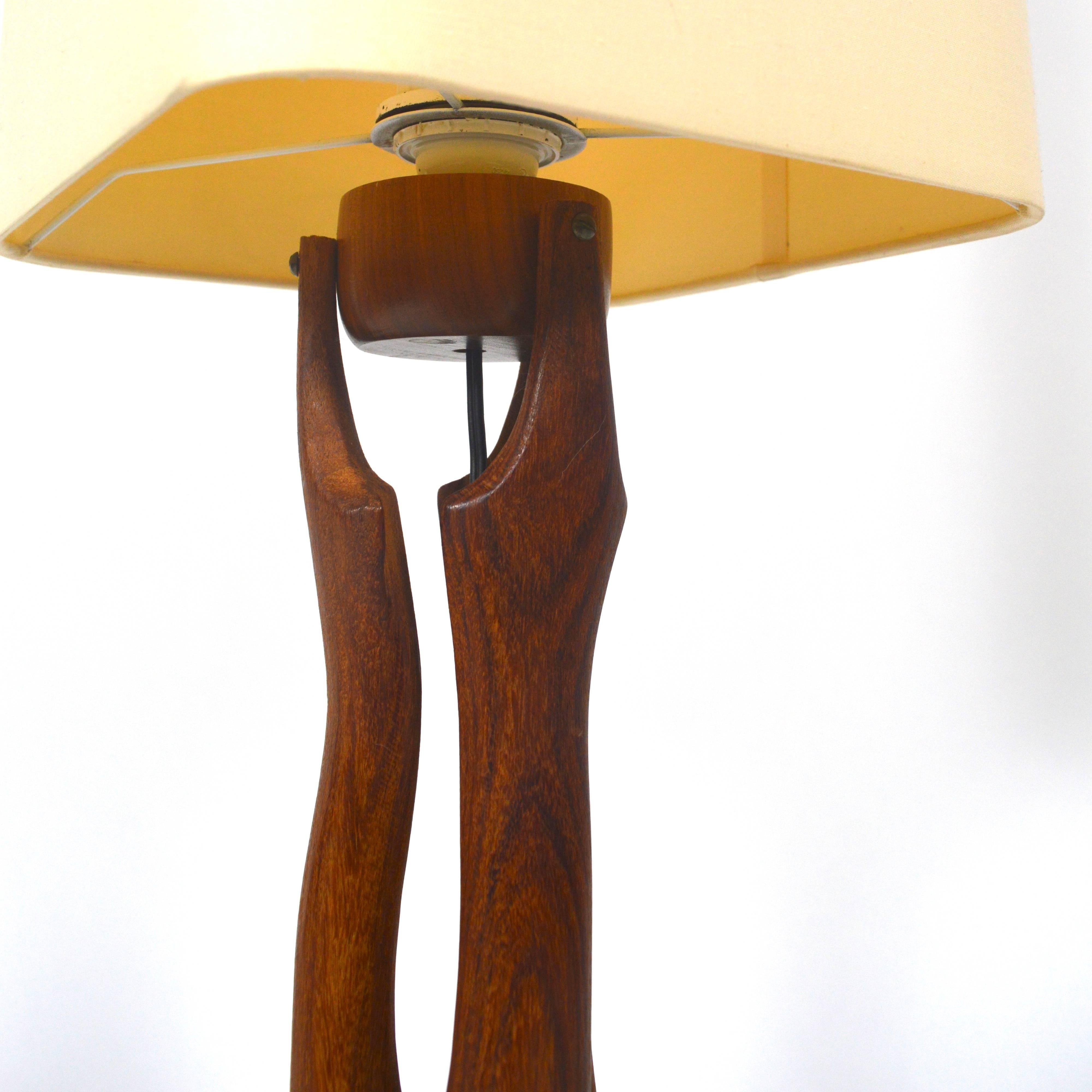 Scandinavian Modern Very Rare Carved Teak Table Lamp, Denmark, 1950s