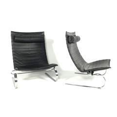 Pair of PK20 Black Leather Lounge Chairs by Poul Kjaerholm, Denmark
