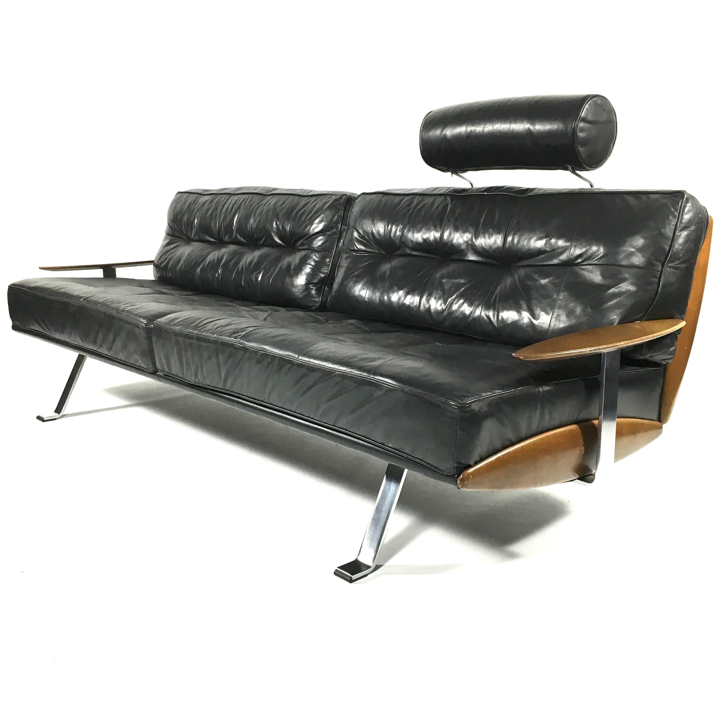 Chrome Walter Knoll Black Leather Sofa, Germany, 1960s-1970s
