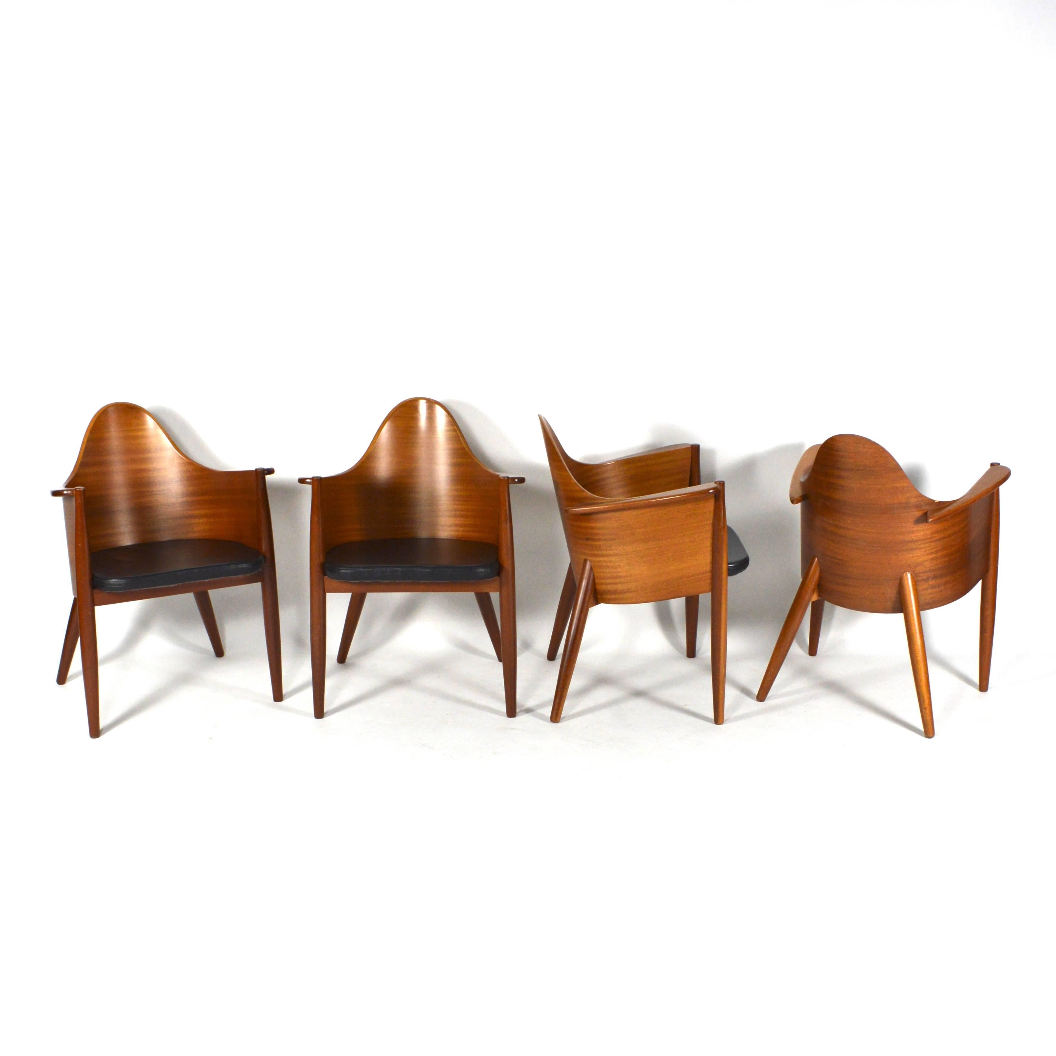 Very rare set of 4 Scandinavian Teak Plywood / Leather Side Chairs - Mid Century 5