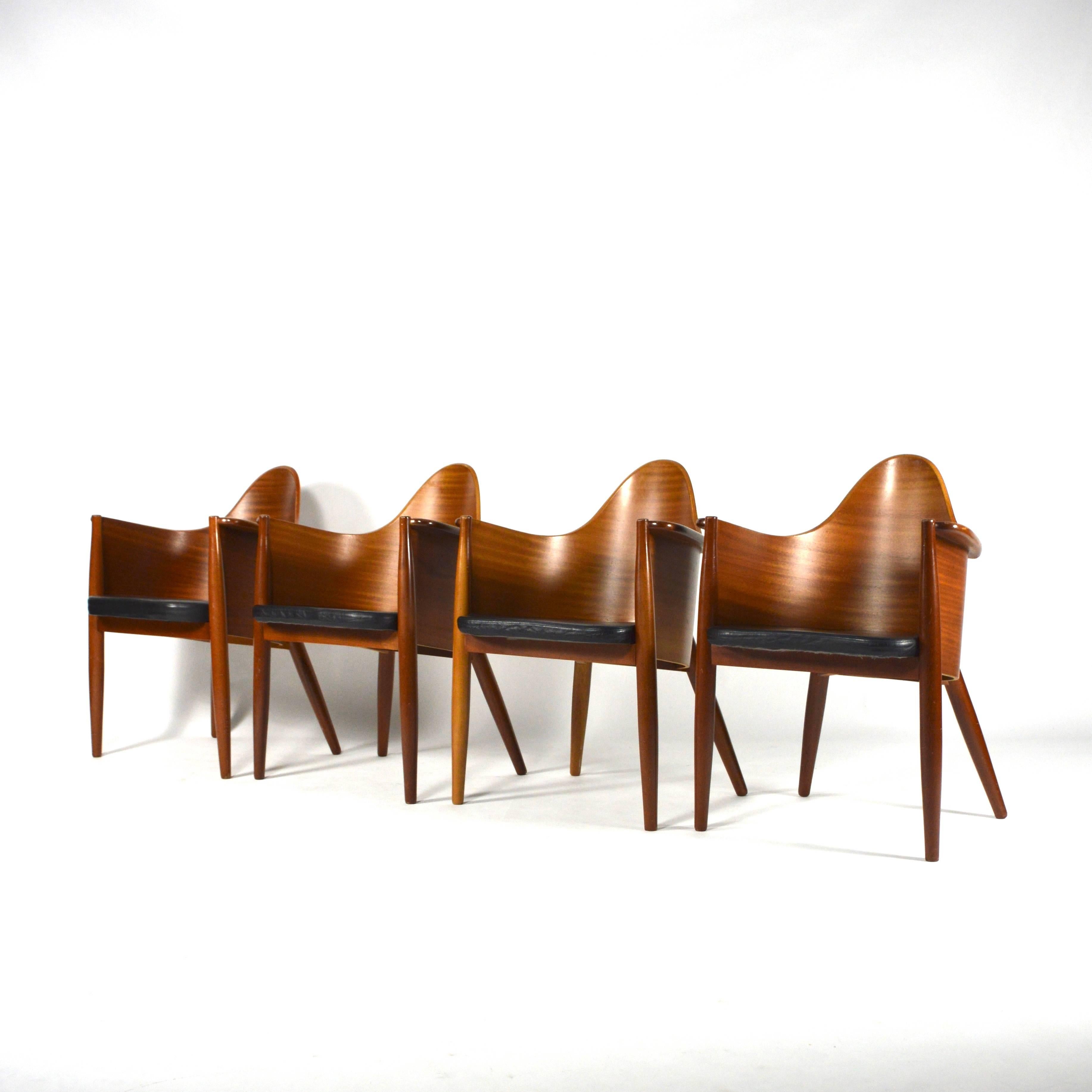 Very rare set of 4 Scandinavian Teak Plywood / Leather Side Chairs - Mid Century 4