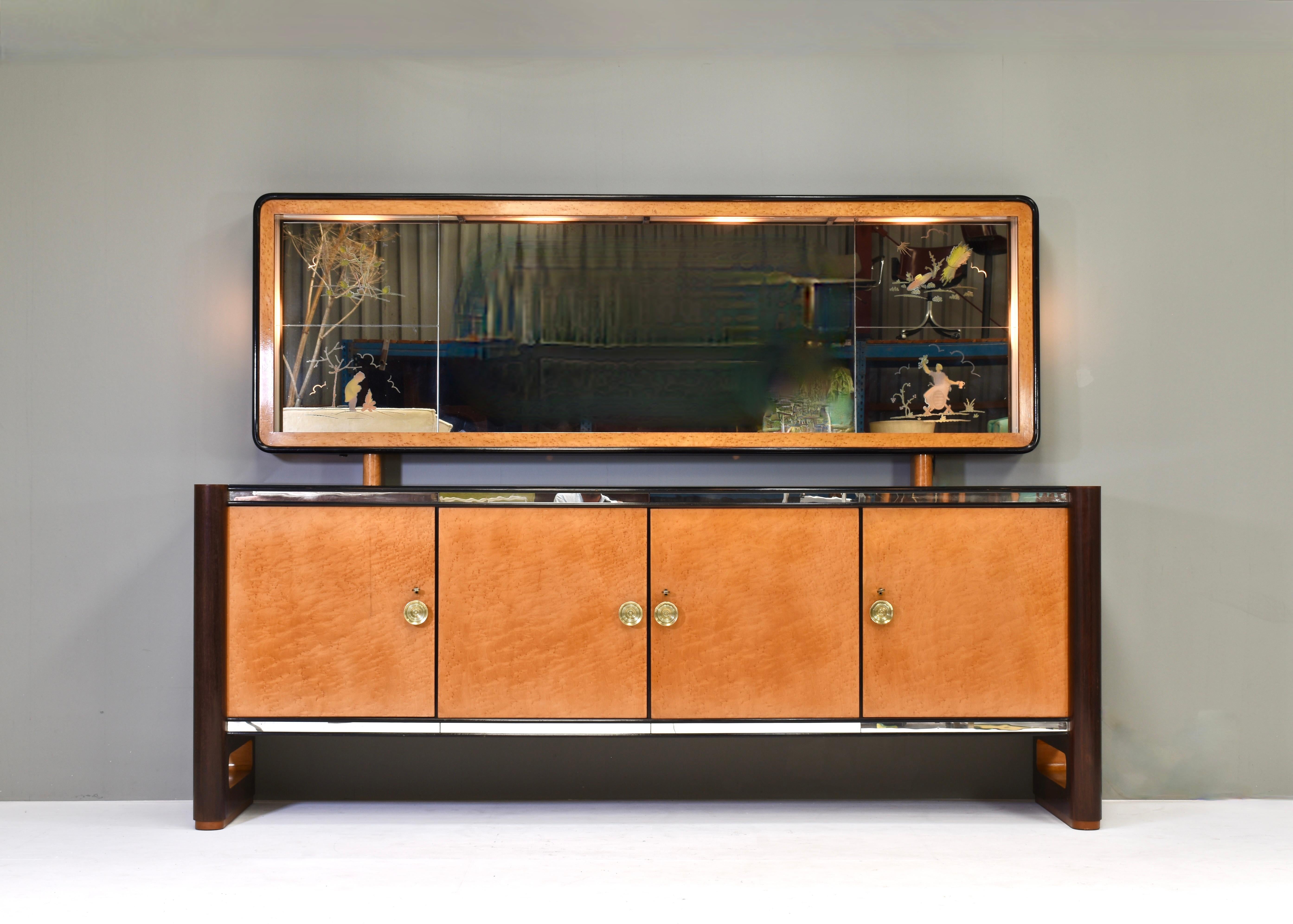 'Four Seasons' sideboard with illuminated mirror in the style of Borsani - 1930s For Sale 7