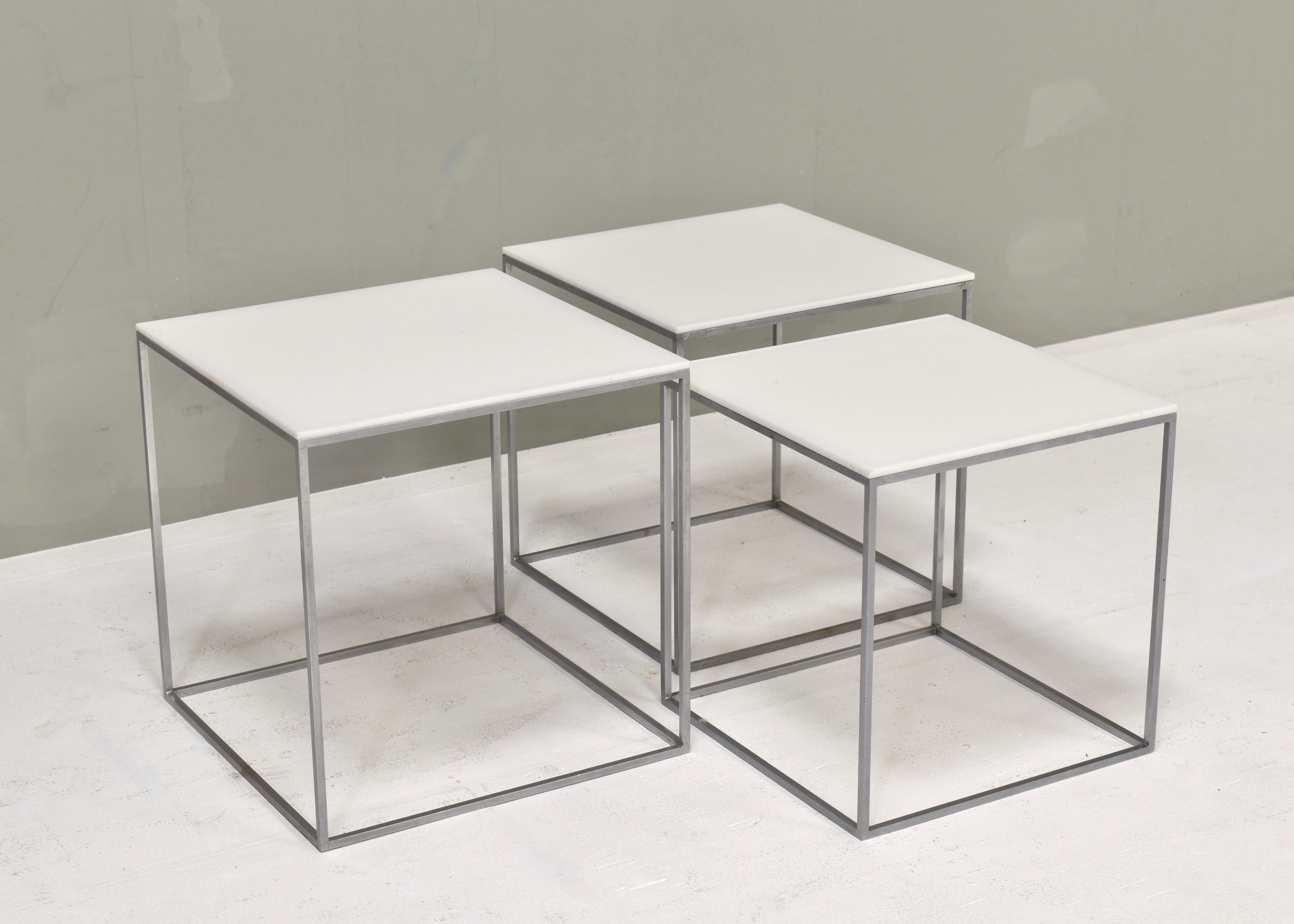 Early set of E. Kold Christensen PK 71 nesting tables 
Designer: Poul Kjærholm
Manufacturer: E. Kold Christensen 
Country: Denmark
Year: 1957
Model: PK7
Set: Three nesting tables

Condition: Good / Signs of age and use / Small damage on the mid
