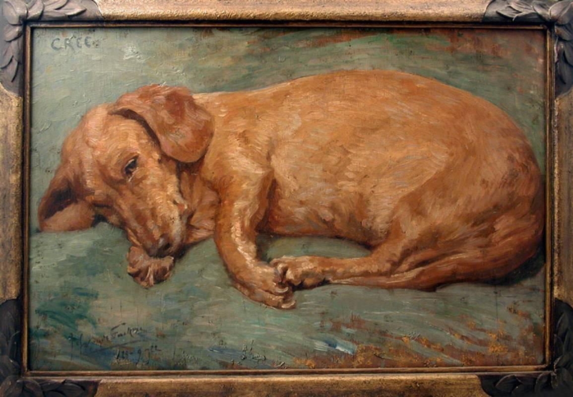 Oil on panel of a sleeping Dachshund by Miss Lucy Marguerite Frobisher (1915-1937). Titled 