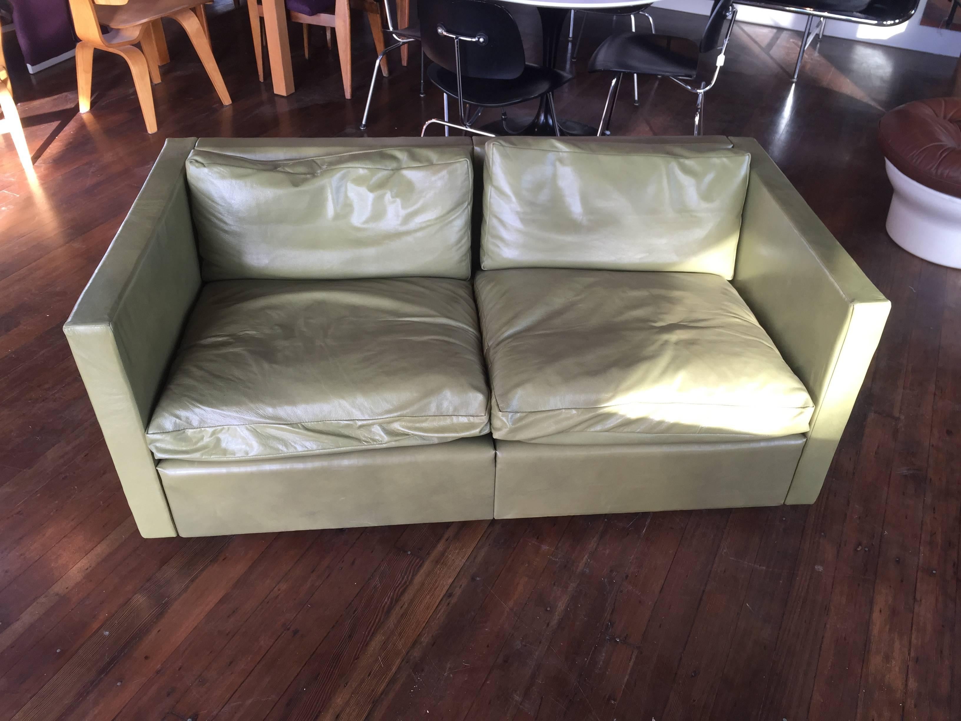 Late 20th Century Charles Pfister for Knoll Settee Love Seat Sofa in Green Leather Down Cushions