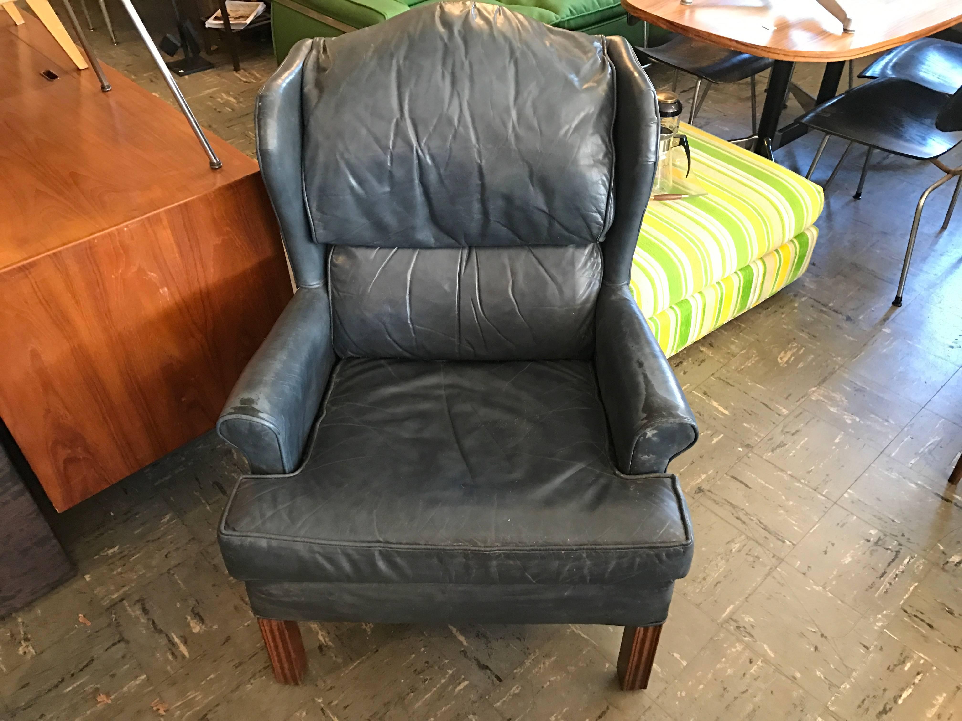 Vintage Leather Wingback Lounge Chair In Excellent Condition For Sale In Salt Lake City, UT