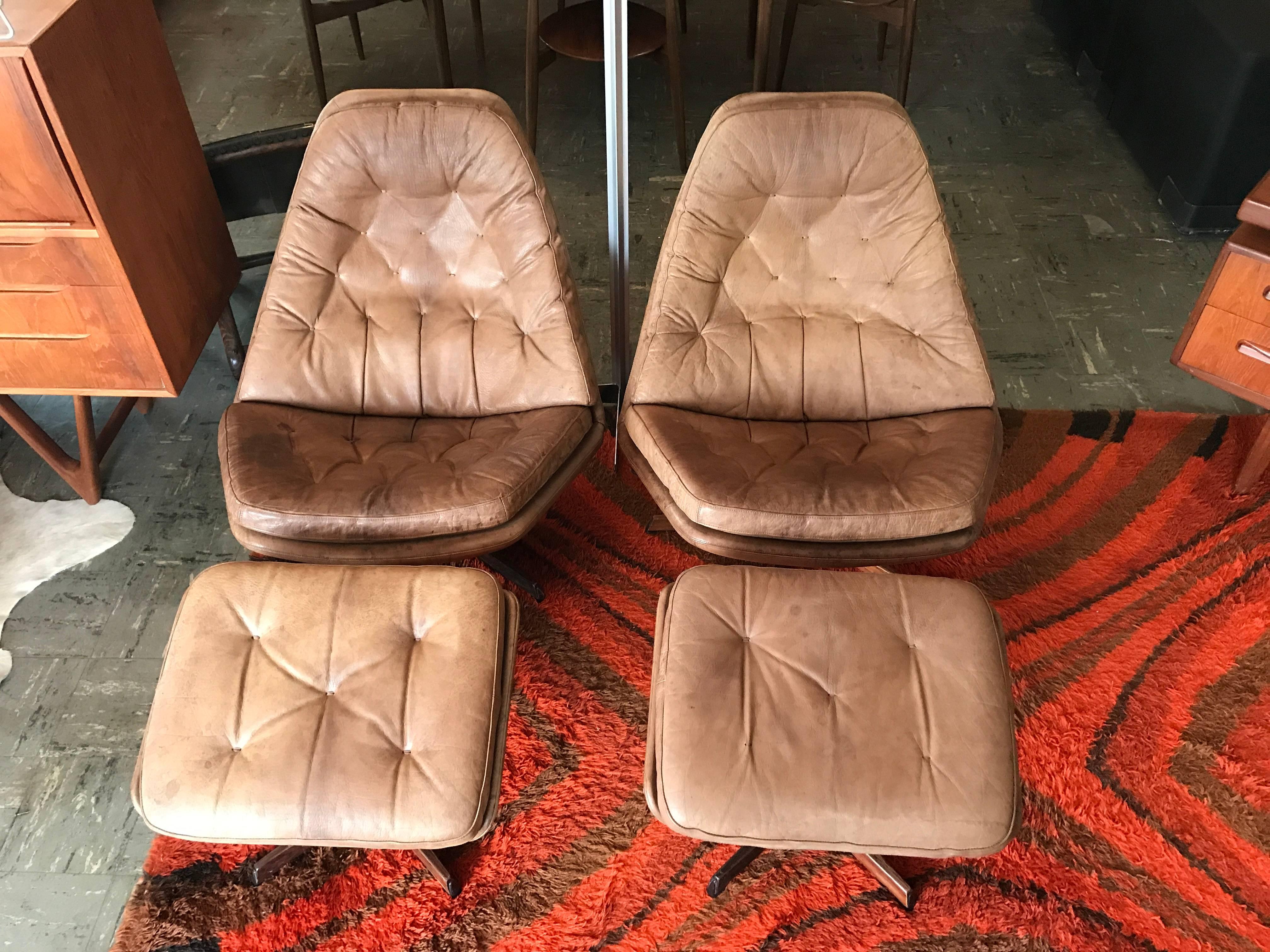 Pair of Leather Lounge Chairs and Ottomans by Madsen and Schuber In Excellent Condition In Salt Lake City, UT