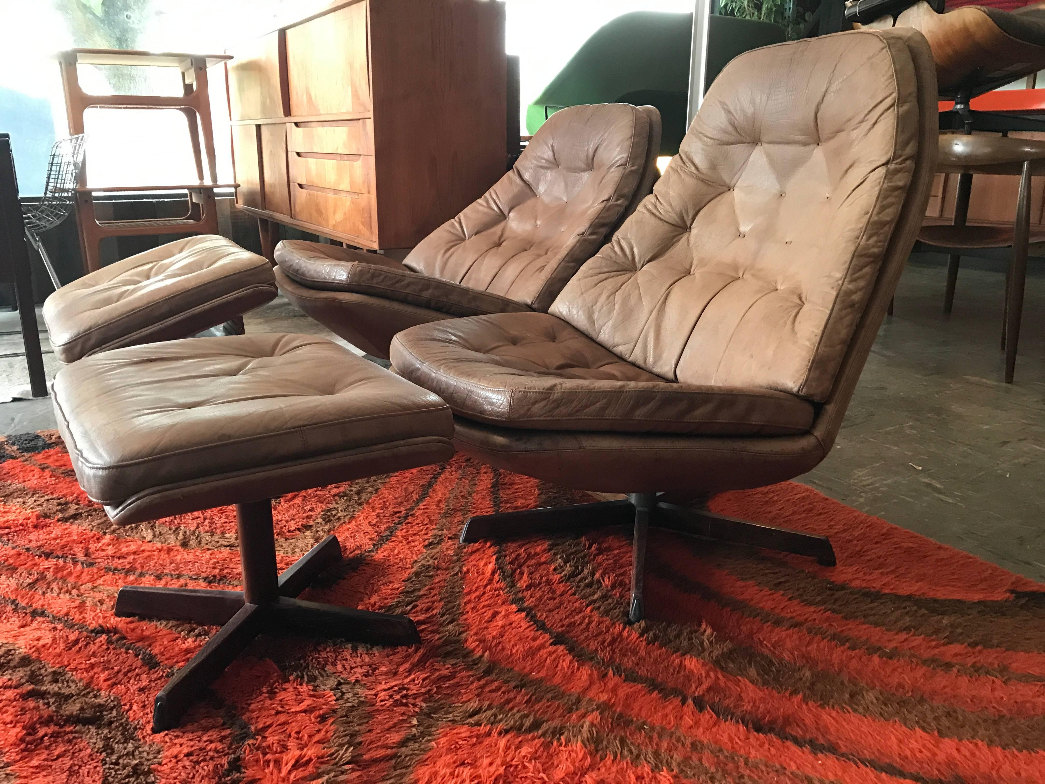 Mid-20th Century Pair of Leather Lounge Chairs and Ottomans by Madsen and Schuber