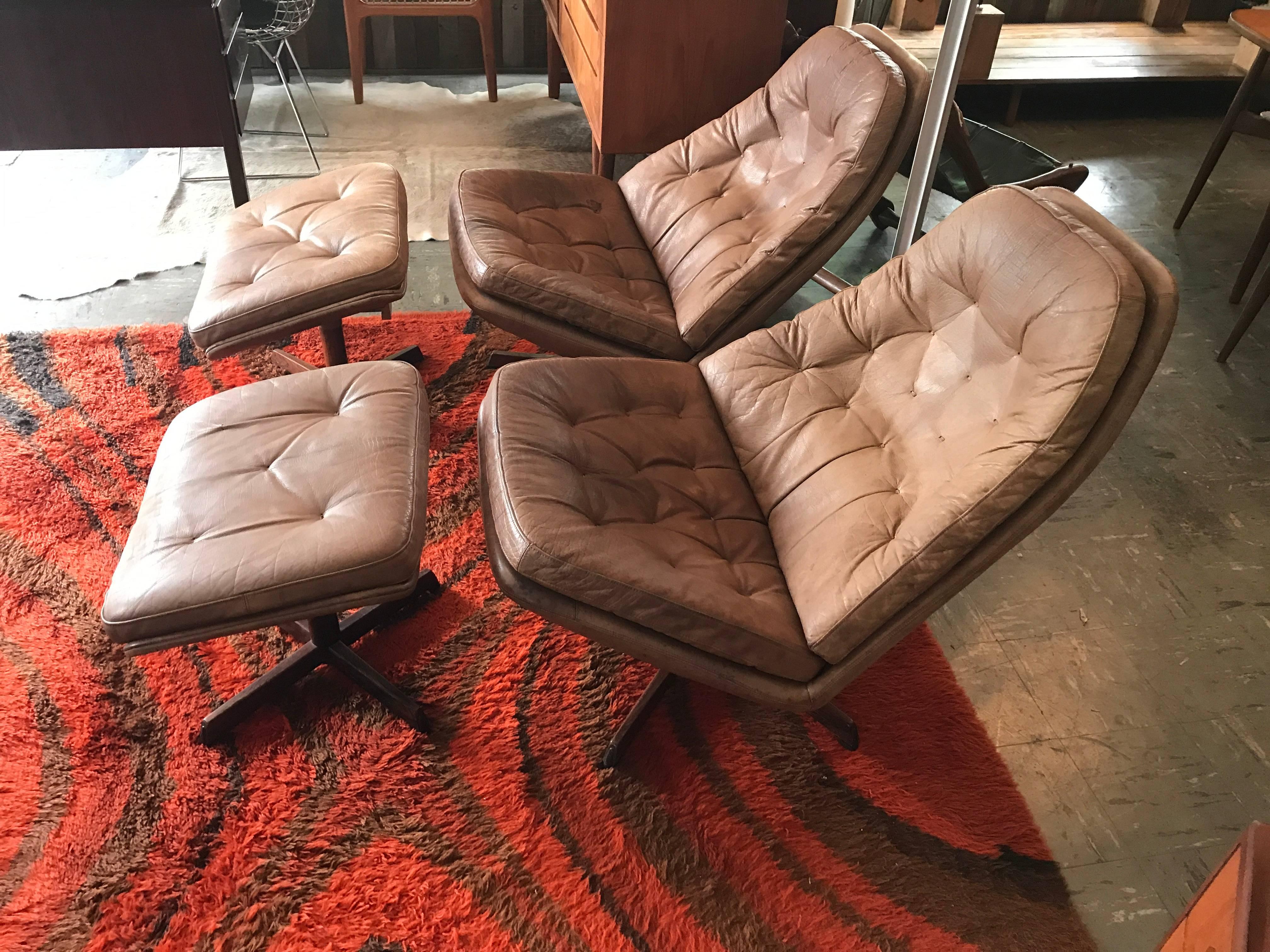Pair of Leather Lounge Chairs and Ottomans by Madsen and Schuber 1