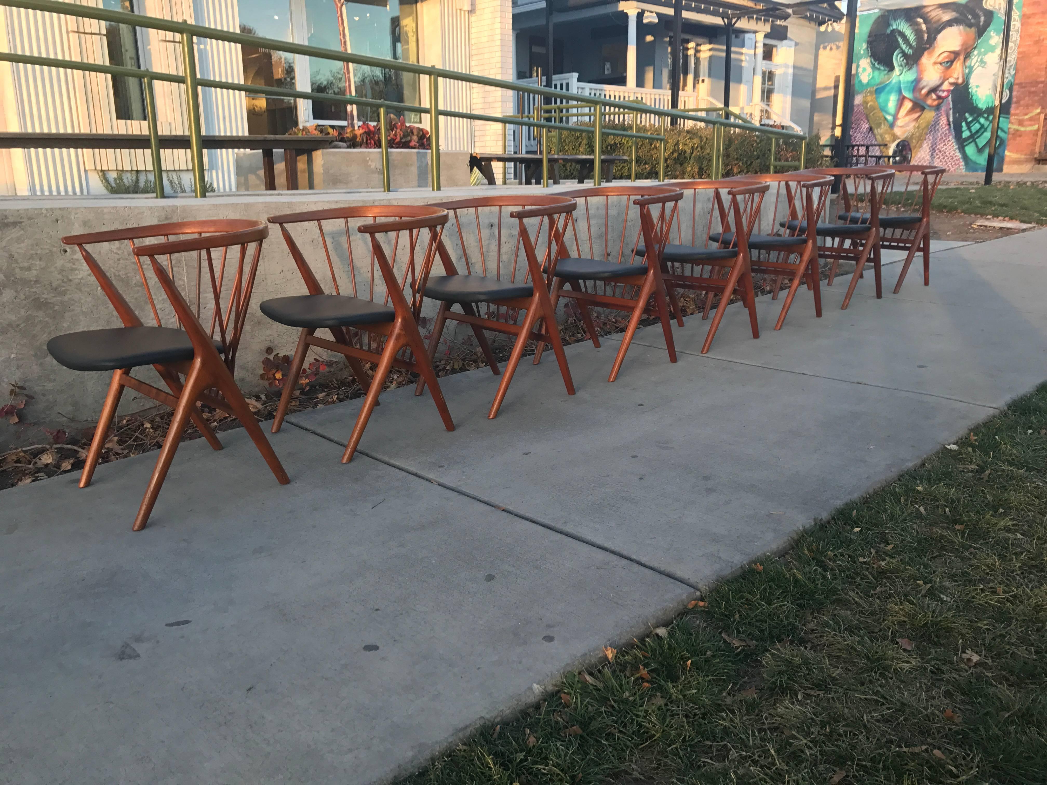 Mid-20th Century Helge Sibast Set of Eight Teak Chairs with Leather Seat Model N°8