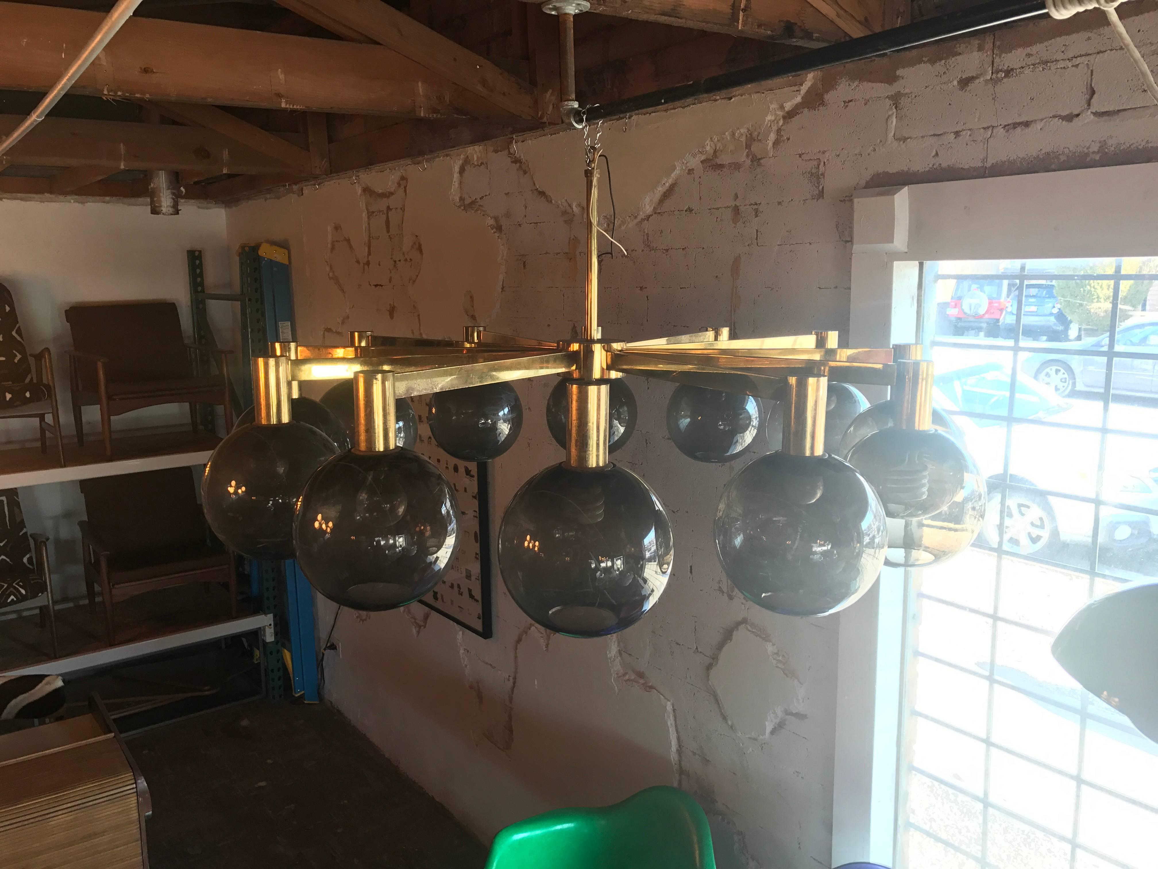 Large and Epic 12-Arm Brass Chandelier with Frosted Globes In Good Condition In Salt Lake City, UT