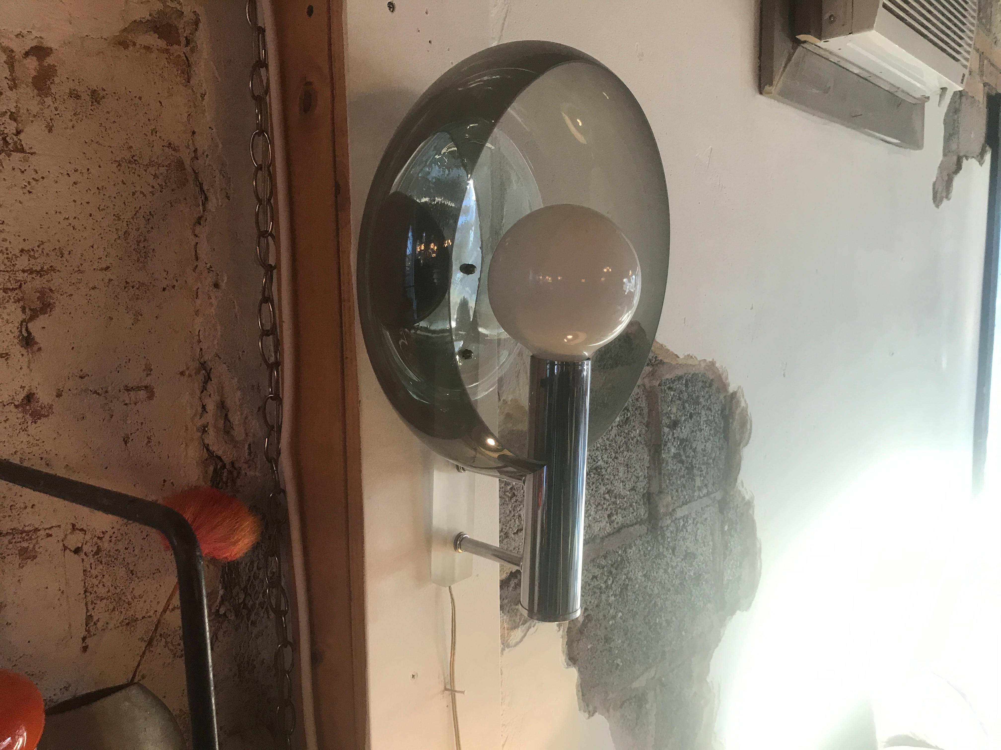 Midcentury Chrome and Lucite with Smoked Plastic Reflector Wall Light Sconce In Excellent Condition In Salt Lake City, UT
