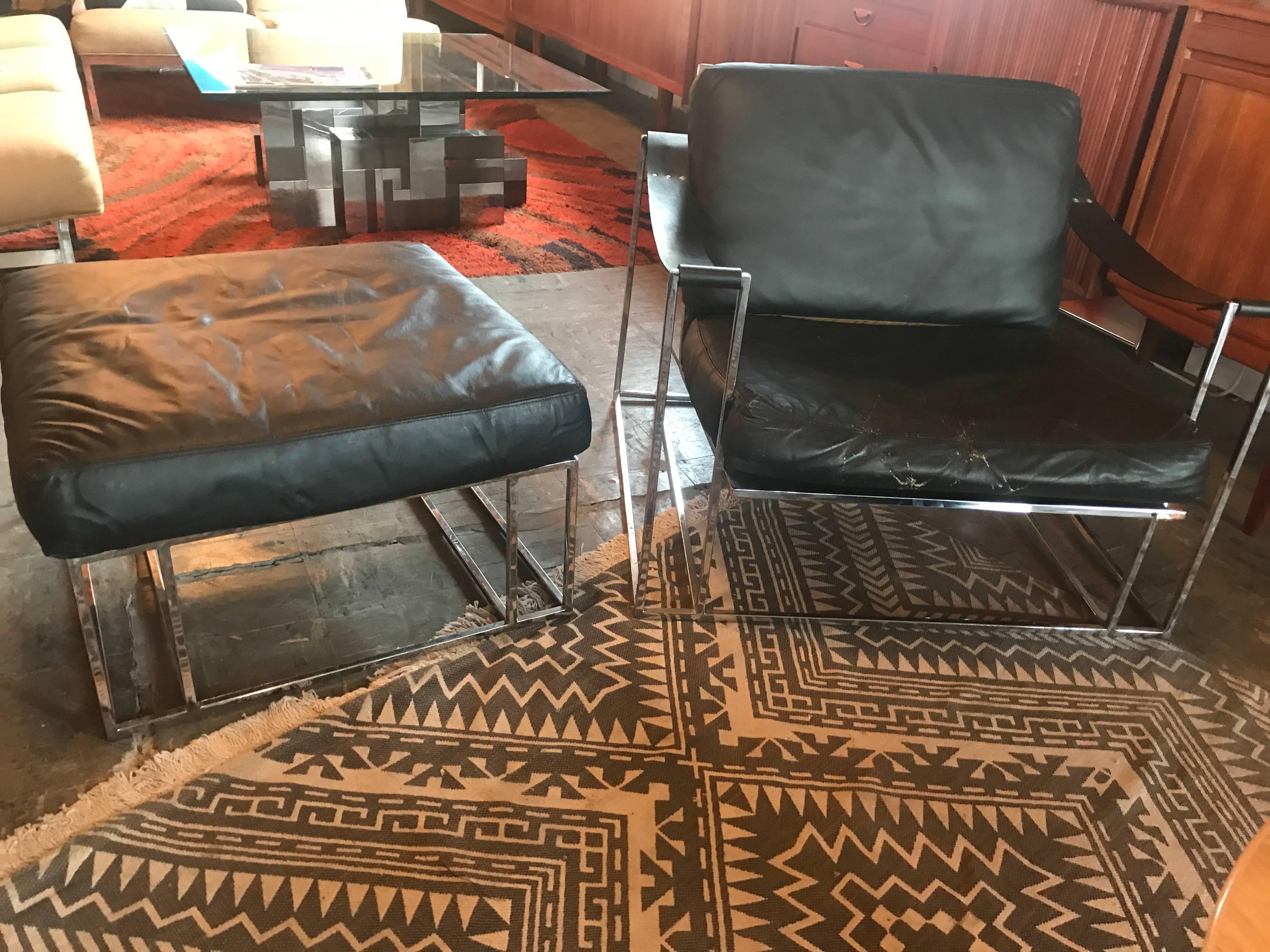 Milo Baughman Thayer Coggin Sling Arm Leather & Chrome Lounge Chair and Ottoman In Excellent Condition For Sale In Salt Lake City, UT
