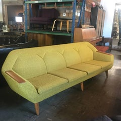 Norwegian Danish Long Four-Seat Sofa Couch with Teak Arms