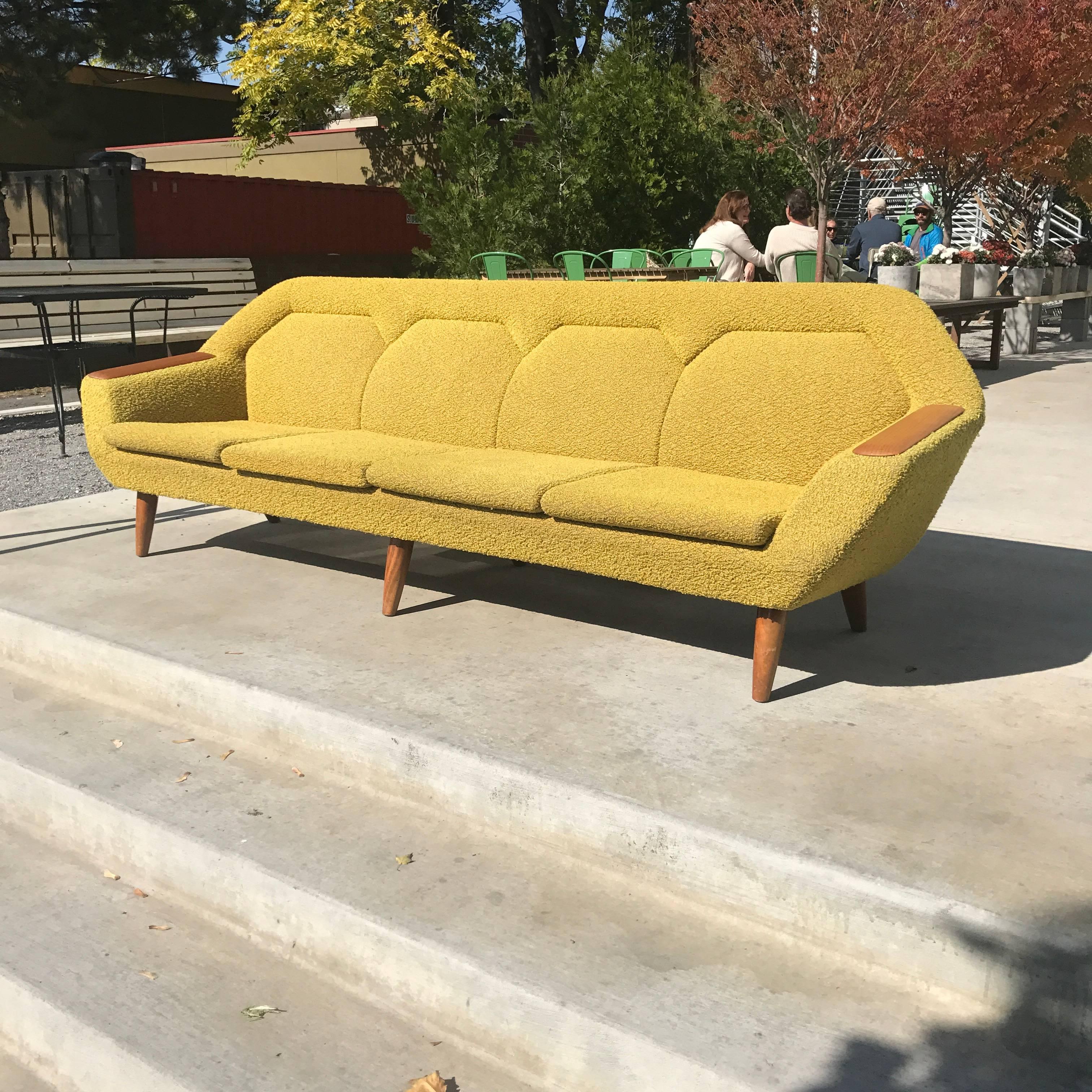 Mid-Century Modern Norwegian Danish Long Four-Seat Sofa Couch with Teak Arms