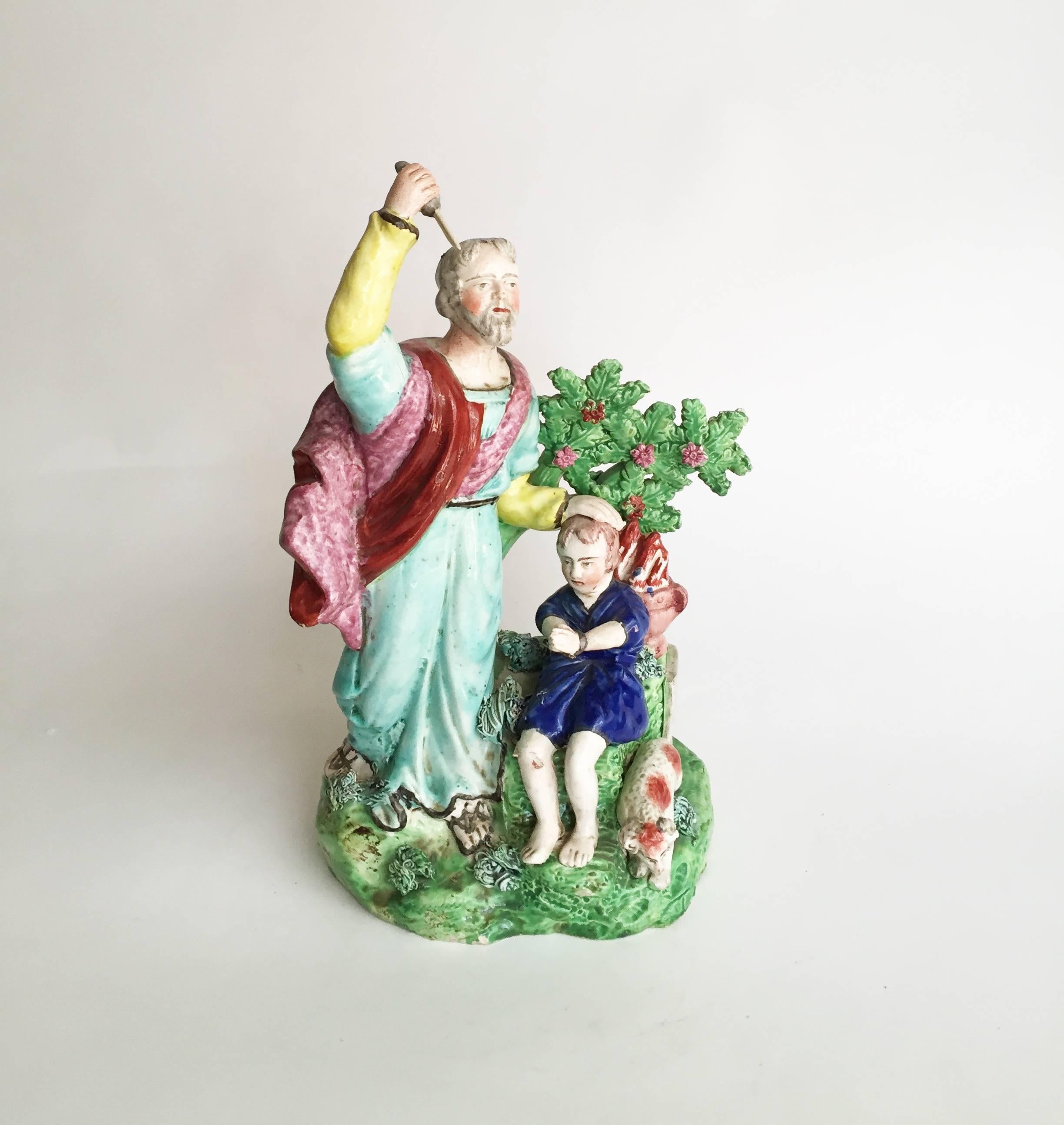 English Staffordshire Pottery Figure, Abraham Offering to Slay Isaac In Good Condition For Sale In Brooklyn, NY