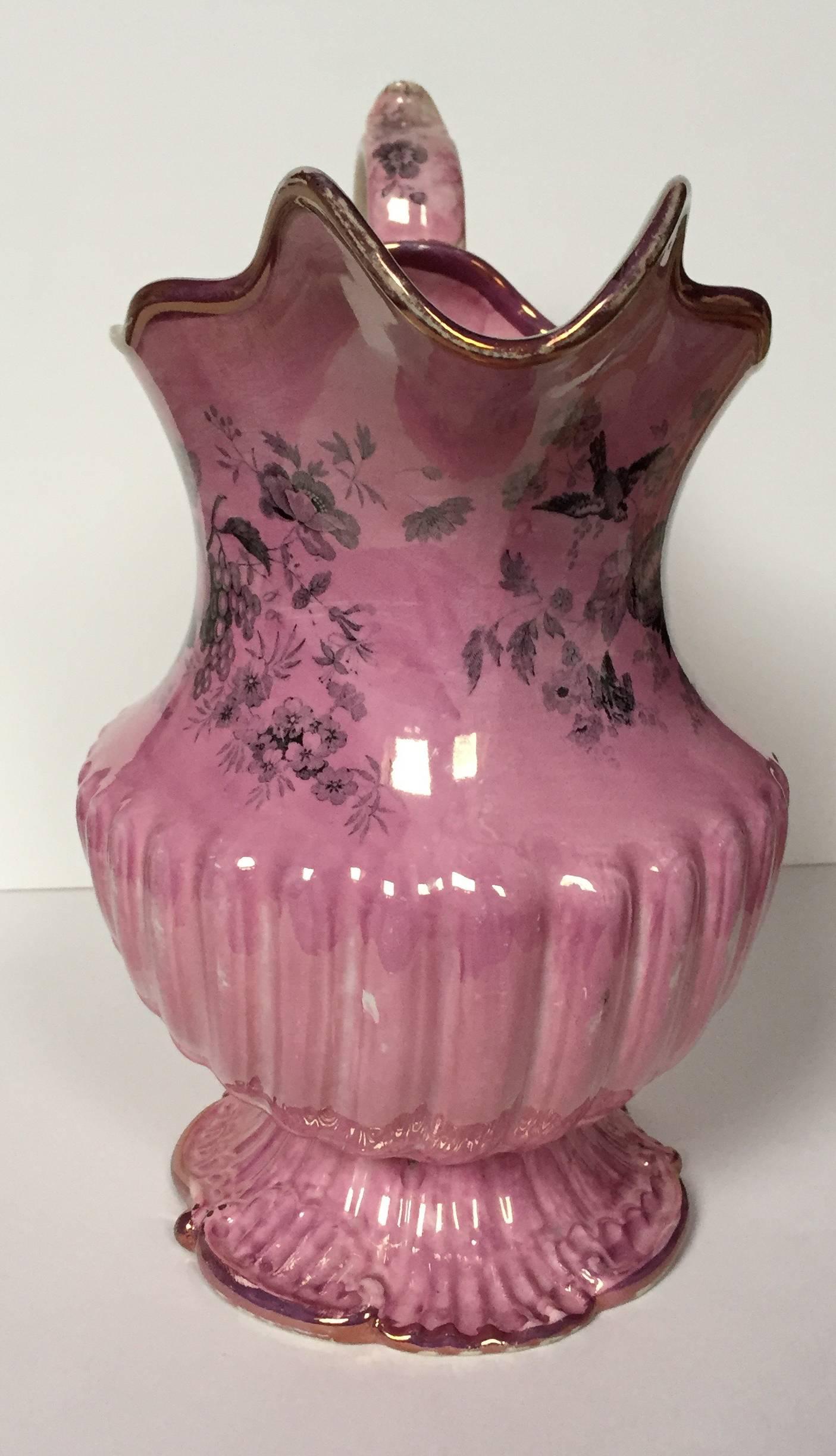Rococo Staffordshire Pottery Transfer-Printed Pink-Lustreware Shell-Shaped Pitcher For Sale