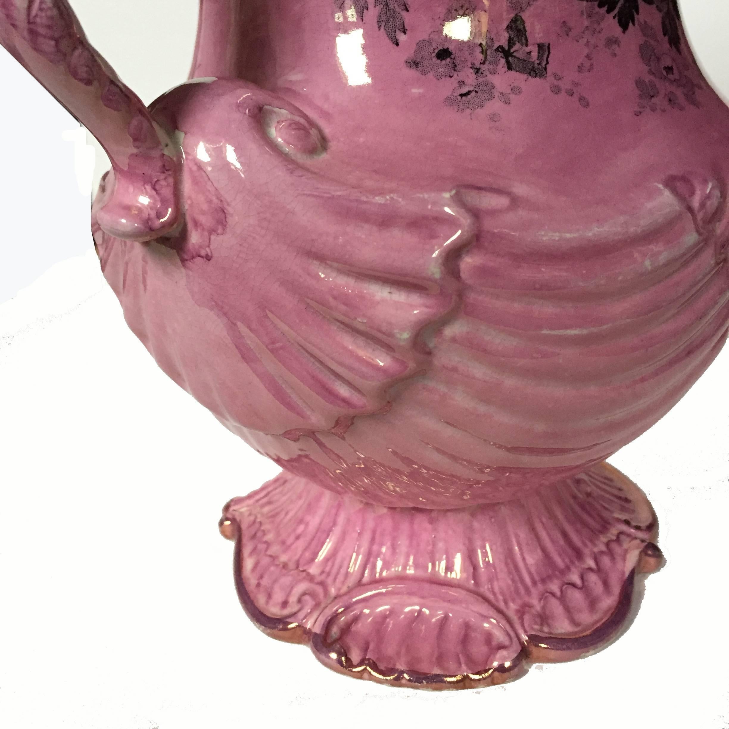 Enameled Staffordshire Pottery Transfer-Printed Pink-Lustreware Shell-Shaped Pitcher For Sale