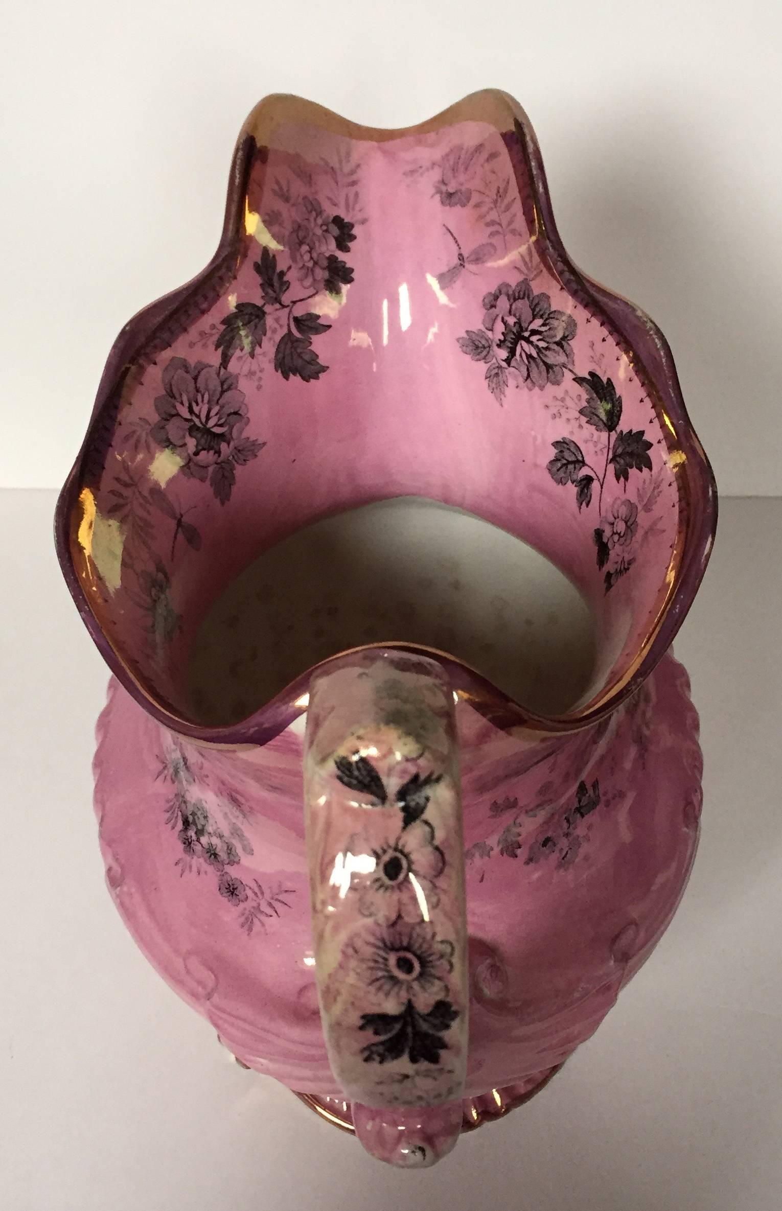 English Staffordshire Pottery Transfer-Printed Pink-Lustreware Shell-Shaped Pitcher For Sale