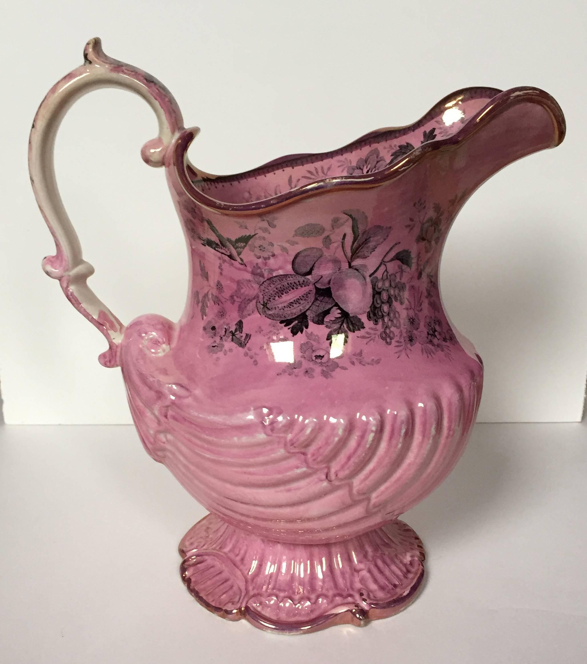 Staffordshire Pottery Transfer-Printed Pink-Lustreware Shell-Shaped Pitcher In Good Condition For Sale In Brooklyn, NY