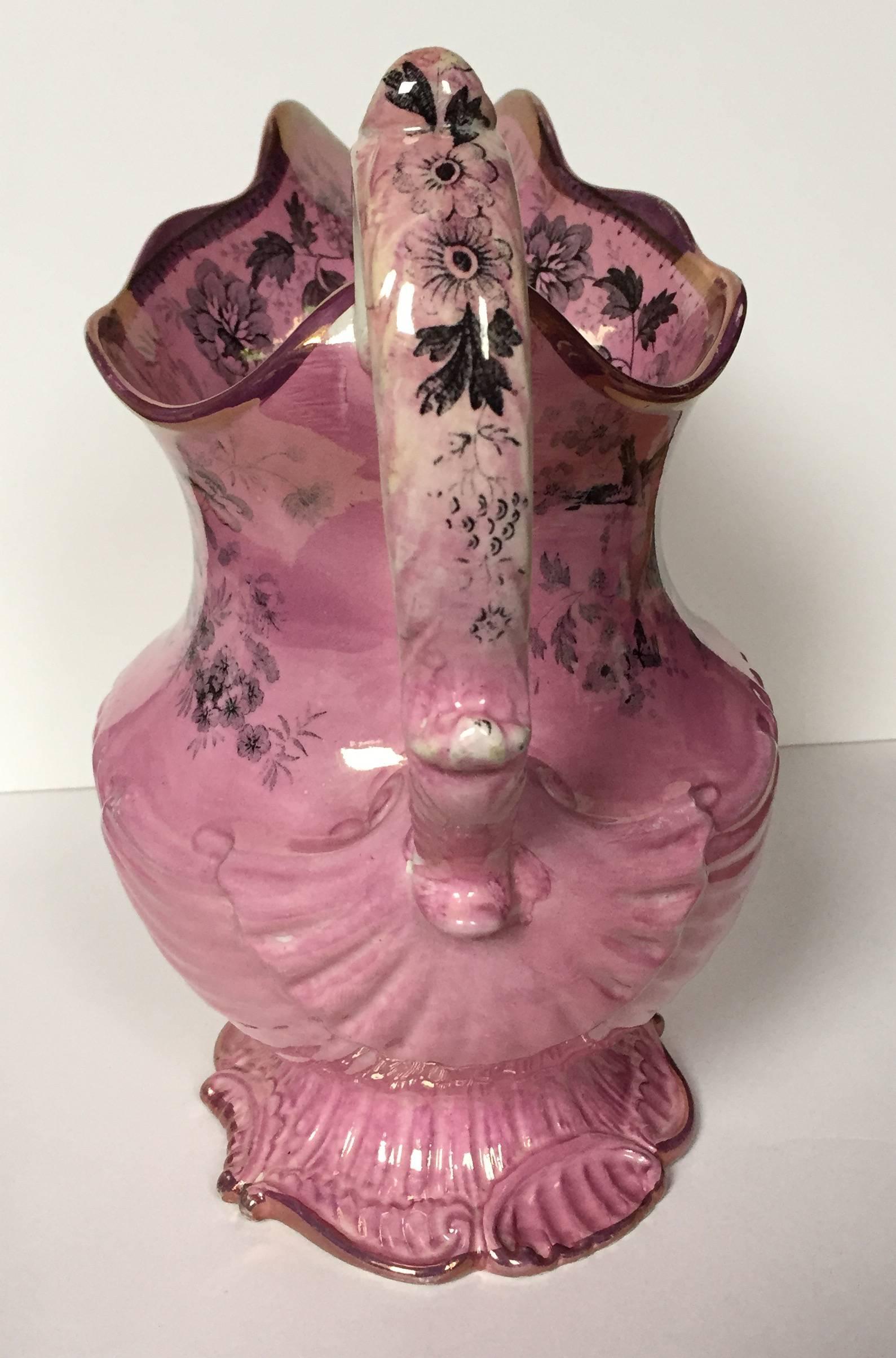 19th Century Staffordshire Pottery Transfer-Printed Pink-Lustreware Shell-Shaped Pitcher For Sale