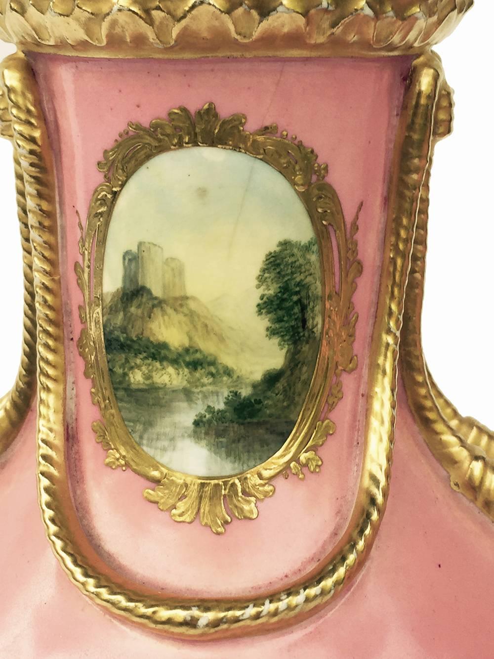 Enameled English Coalport 'Coalbrookdale' Porcelain Pair of Rose Pink Vases, circa 1861 For Sale