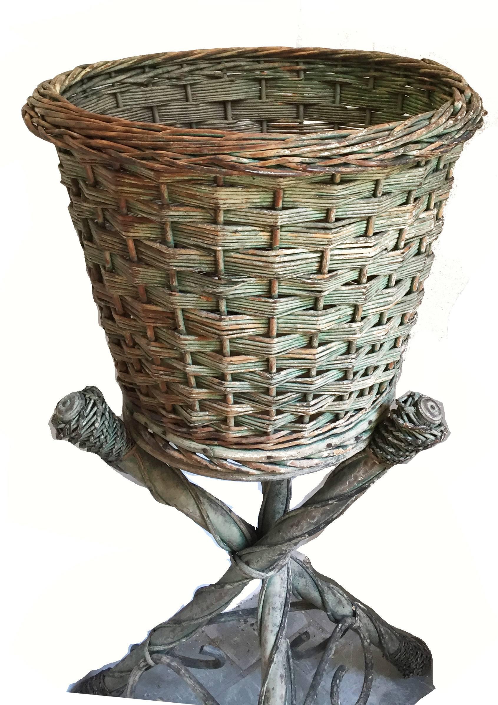 Folk Art Victorian Wicker Pair of Garden Baskets on Tripodal Bases For Sale