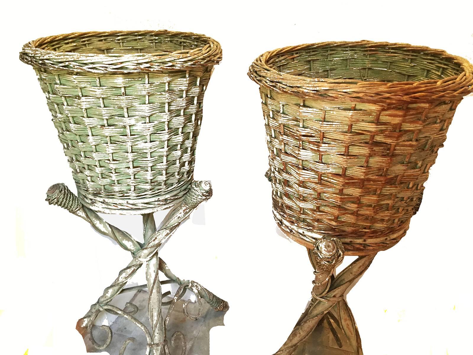 19th Century Victorian Wicker Pair of Garden Baskets on Tripodal Bases For Sale
