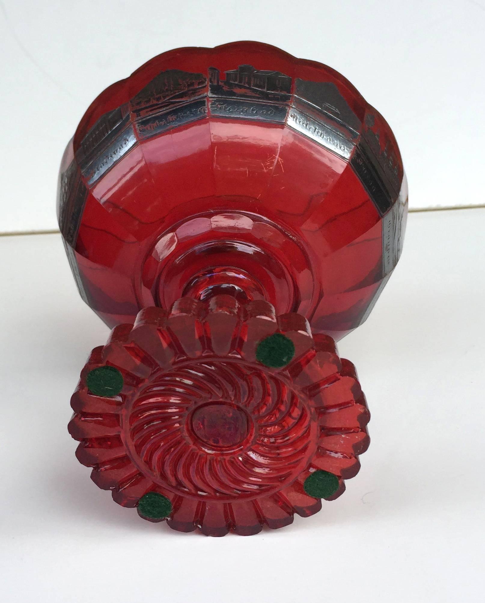 Enameled Czech Bohemian Glass Silver-Resist Ruby-Stained Souvenir Compote For Sale