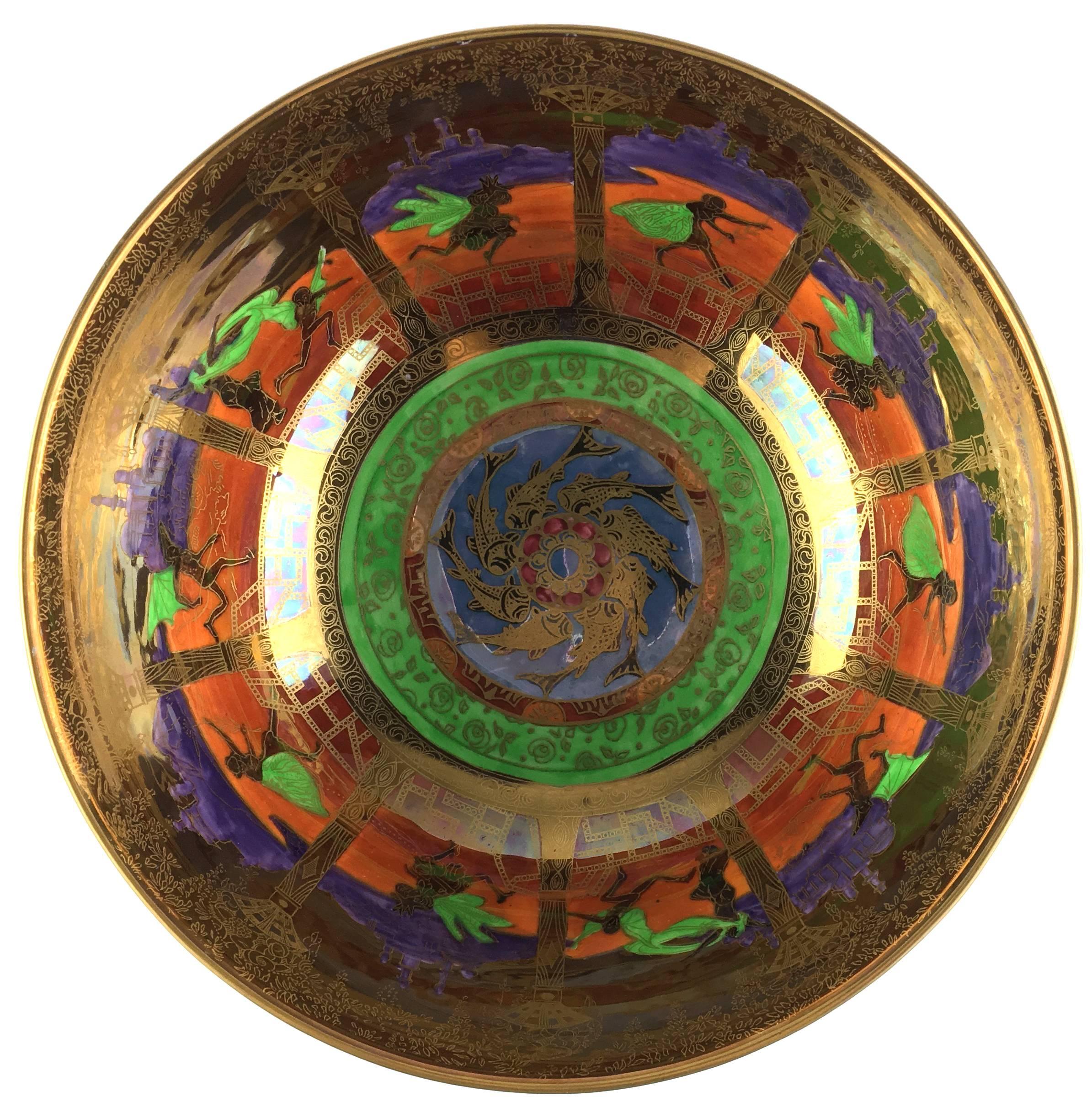 Enameled Wedgwood Fairyland Flame Lustre Porcelain Art Deco Serving Bowl For Sale