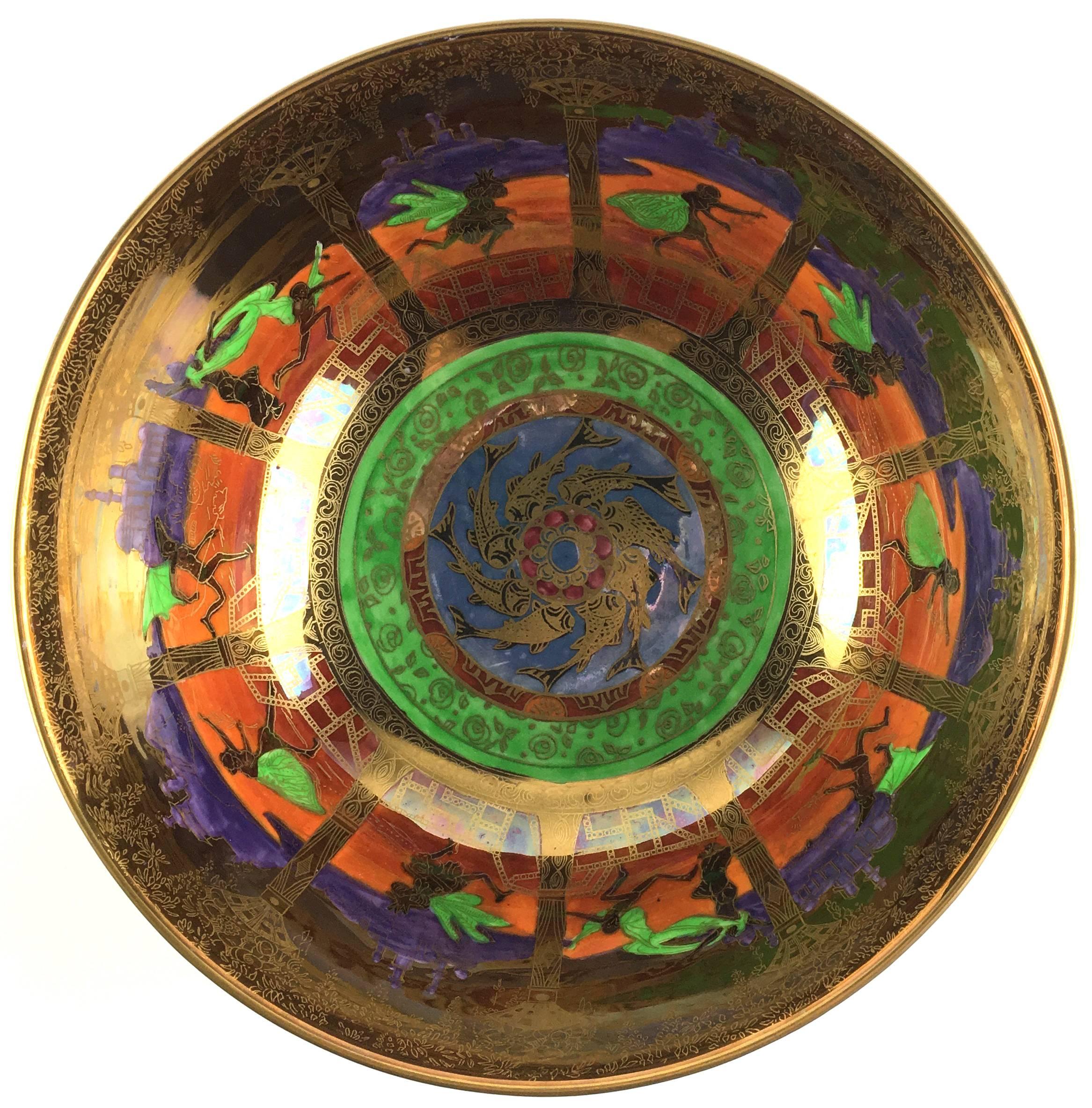 Early 20th Century Wedgwood Fairyland Flame Lustre Porcelain Art Deco Serving Bowl For Sale