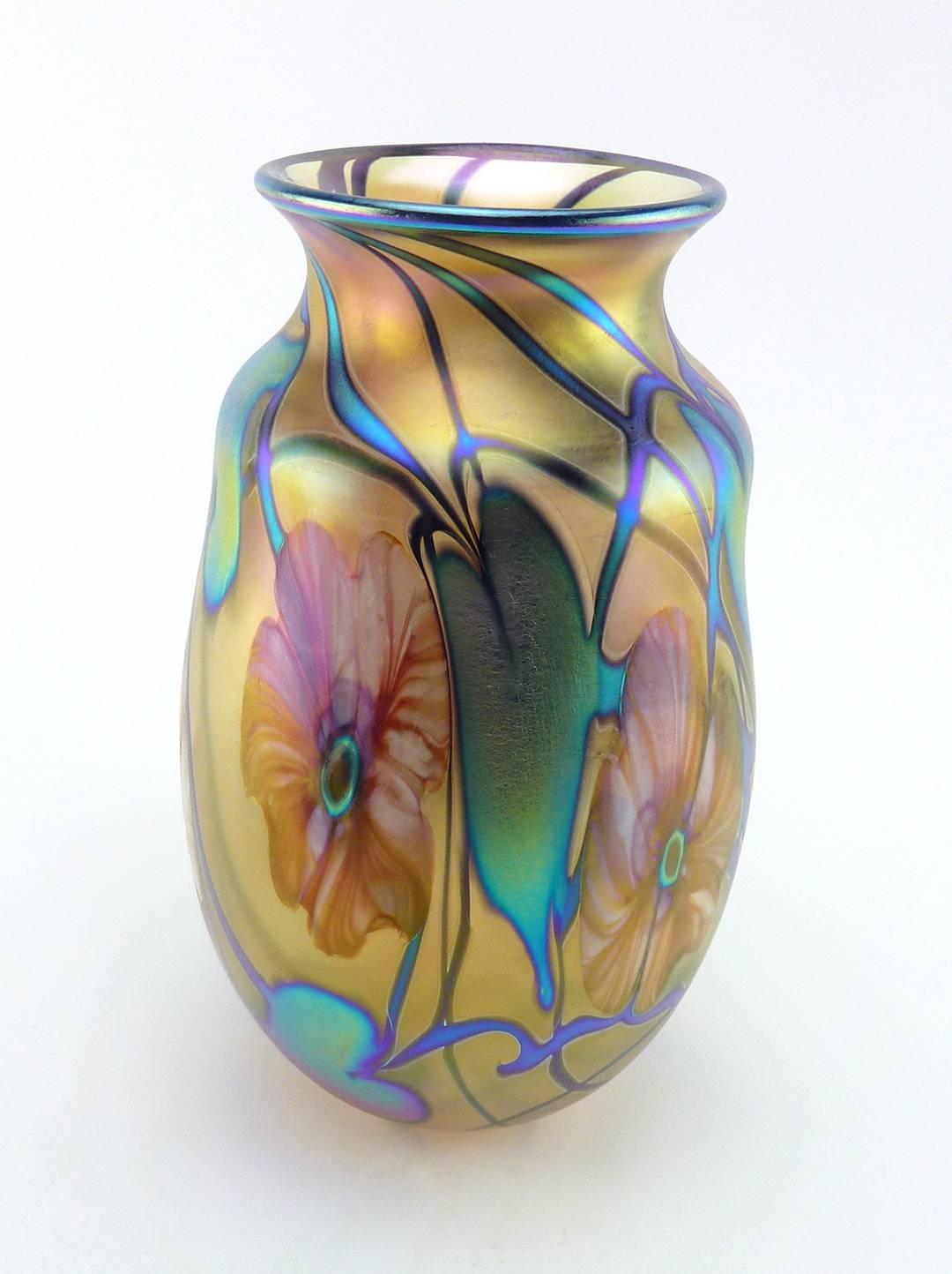 American Charles Lotton Studio Art Glass Vase Multi Flora Gold Iridescent, 2002 For Sale