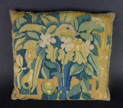 Three Baroque Brussels Square Tapestry Wool and Silk Pillows with Foliage Vase