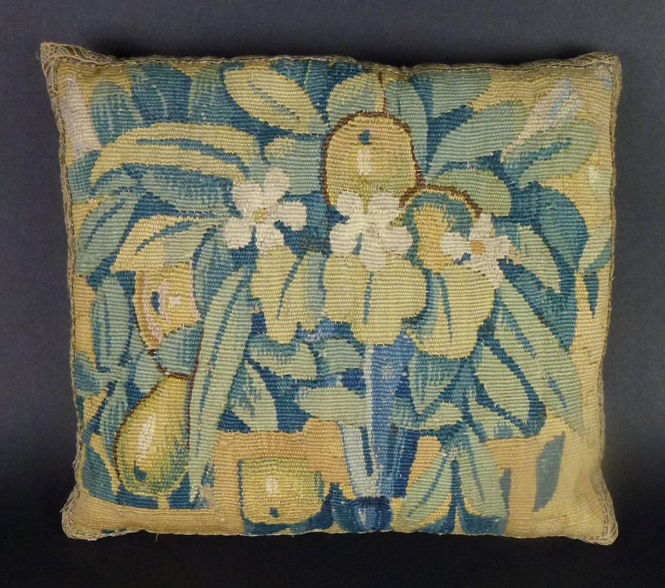 Woven Three Baroque Brussels Square Tapestry Wool and Silk Pillows with Foliage Vase For Sale