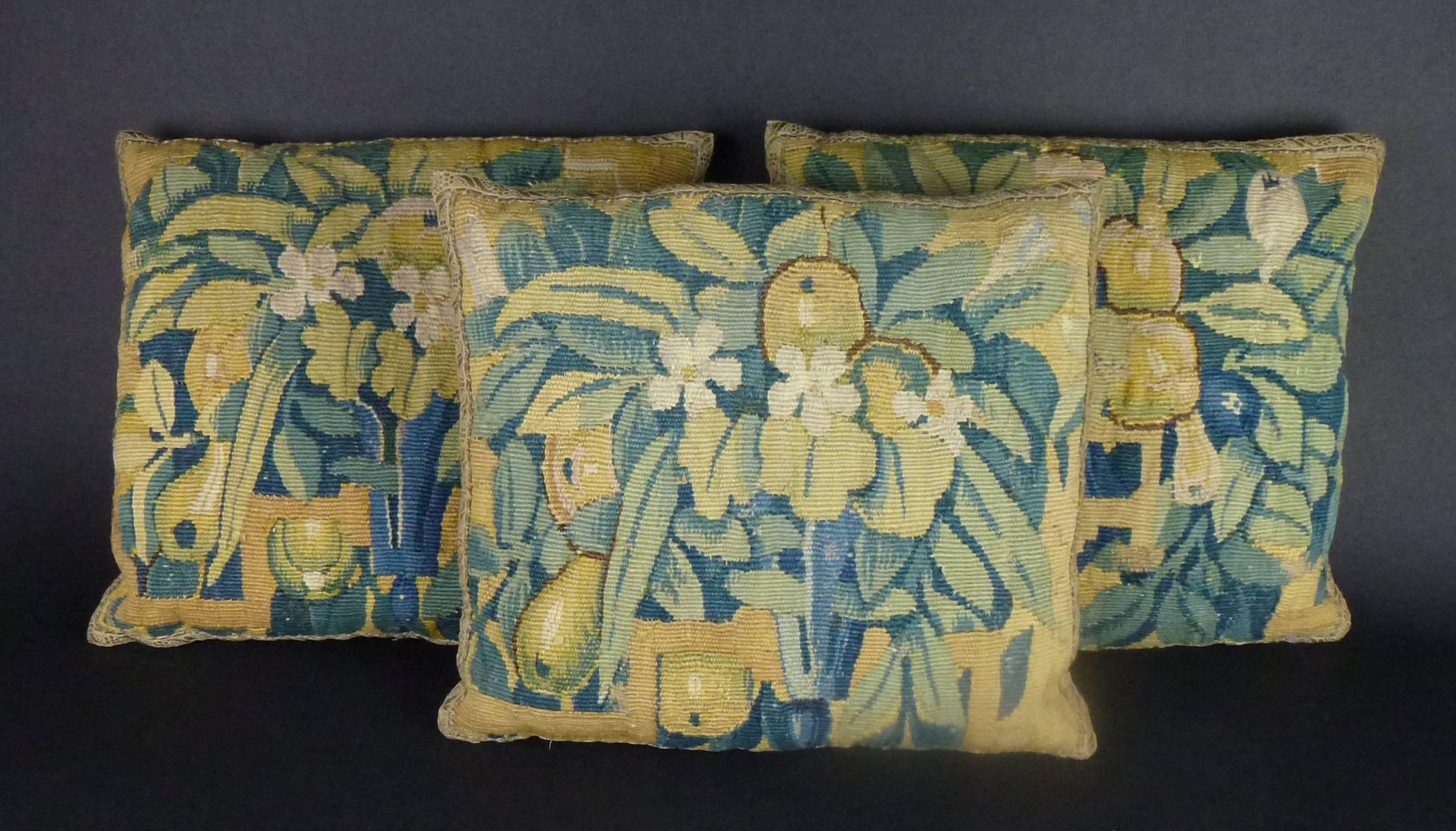 Three Baroque Brussels Square Tapestry Wool and Silk Pillows with Foliage Vase In Good Condition For Sale In Brooklyn, NY