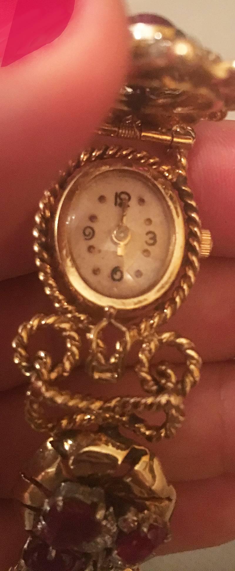 American 14 Karat Yellow Gold Watch Bracelet with Six Gem Set Charms