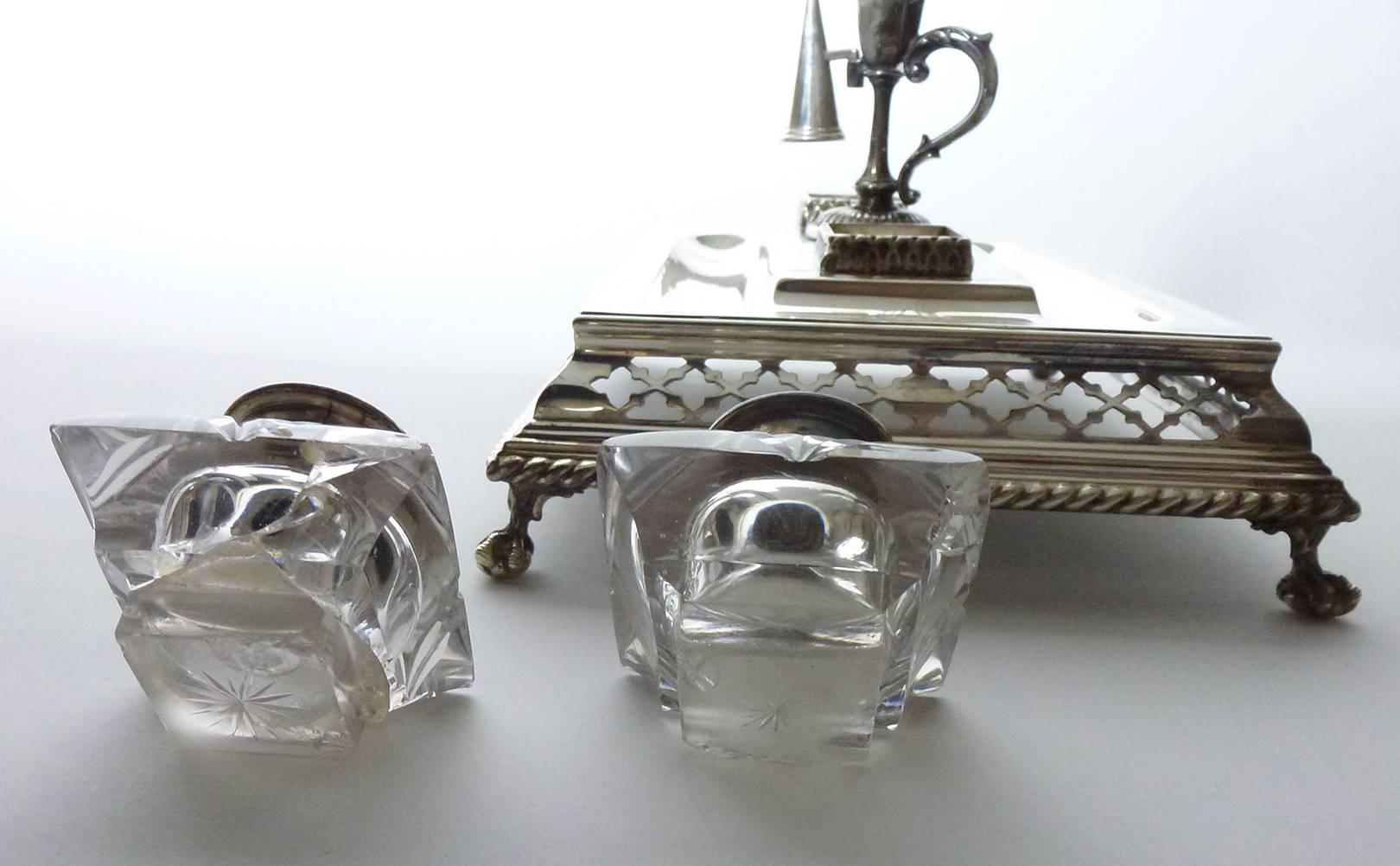 Molded English Victorian Sheffield Silver Plate Inkstand For Sale
