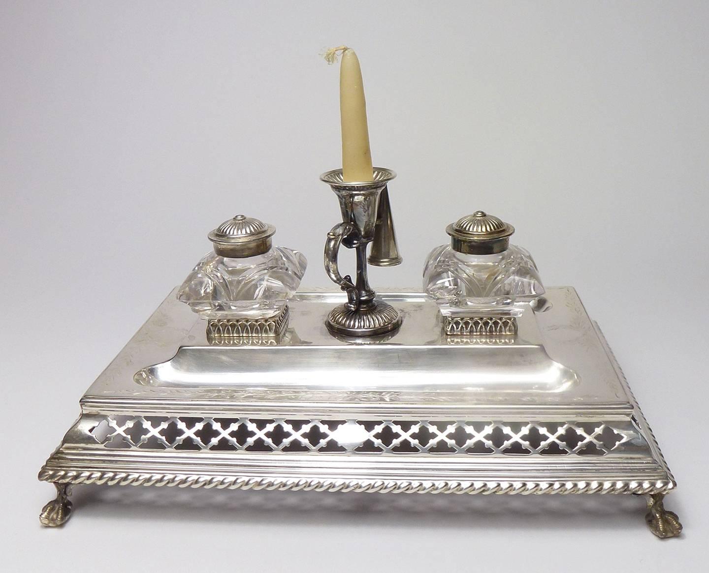 Mid-19th Century English Victorian Sheffield Silver Plate Inkstand For Sale
