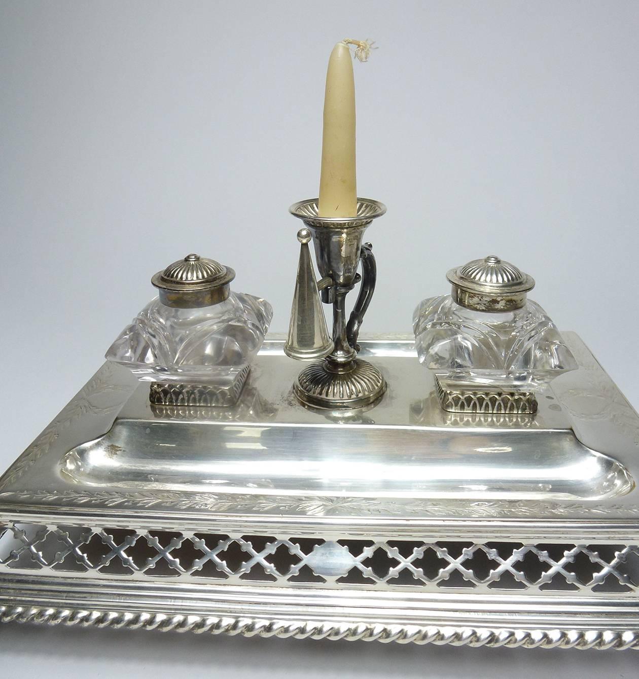 English Victorian Sheffield Silver Plate Inkstand For Sale 2