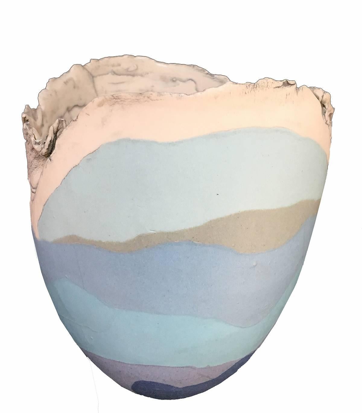 Modern British Studio Pottery Mary White Vase Vessel, Blue, Lavender, Grey and White For Sale
