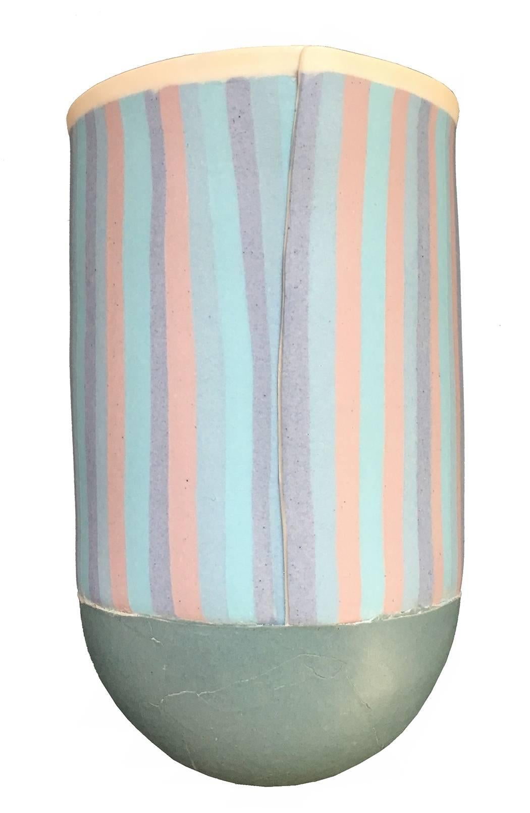 20th Century British Studio Pottery Mary White Vase Vessel, Blue, Lavender, Grey and White For Sale