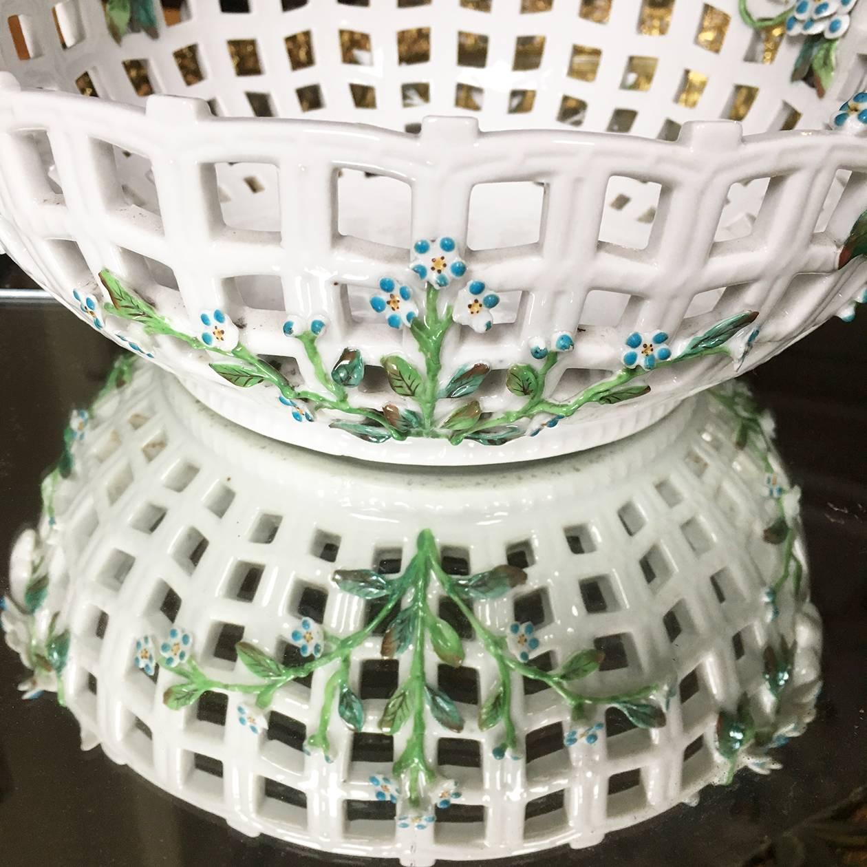 Enameled German Helena Wolfsohn Porcelain Round Two-Handled Basket For Sale
